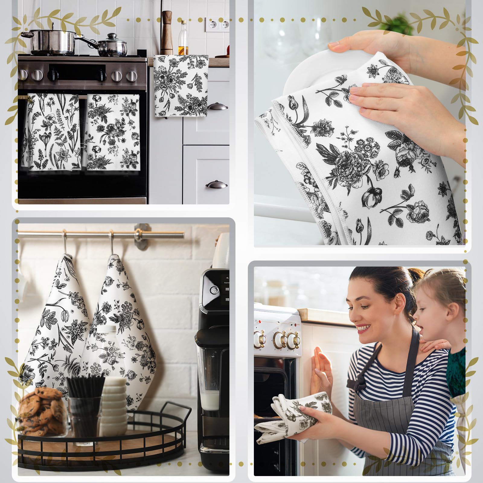 Boyiee Set Of 6 Vintage Floral Kitchen Towels Black Plants Dish Towels White Rustic Tea Towels Absorbent Flower Dish Towels 24''