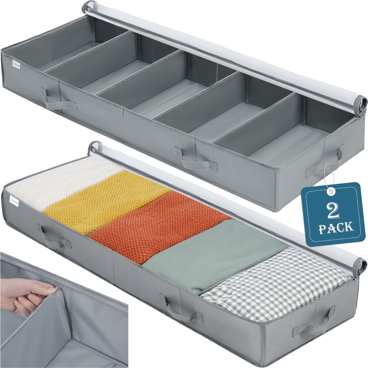 Under Bed Storage Containers, 2 Pack Under the Bed Bags with Dividers, Clear Foldable Underbed Storage Bins, Under Bed Organizer