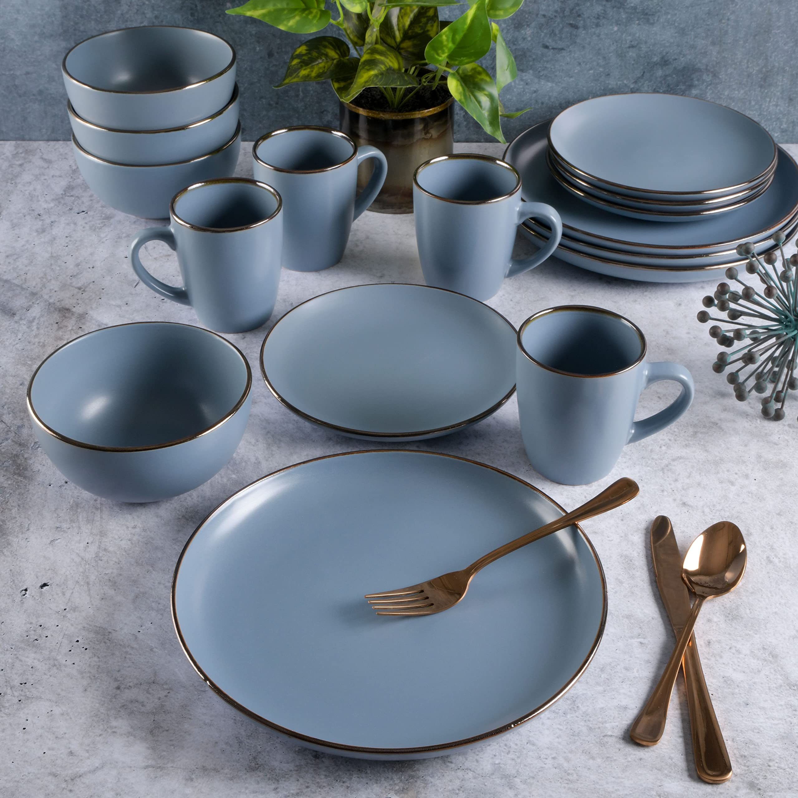 Gibson Home Rockaway Round Stoneware Dinnerware Set, Service for 4 (16pcs), Matte Blue