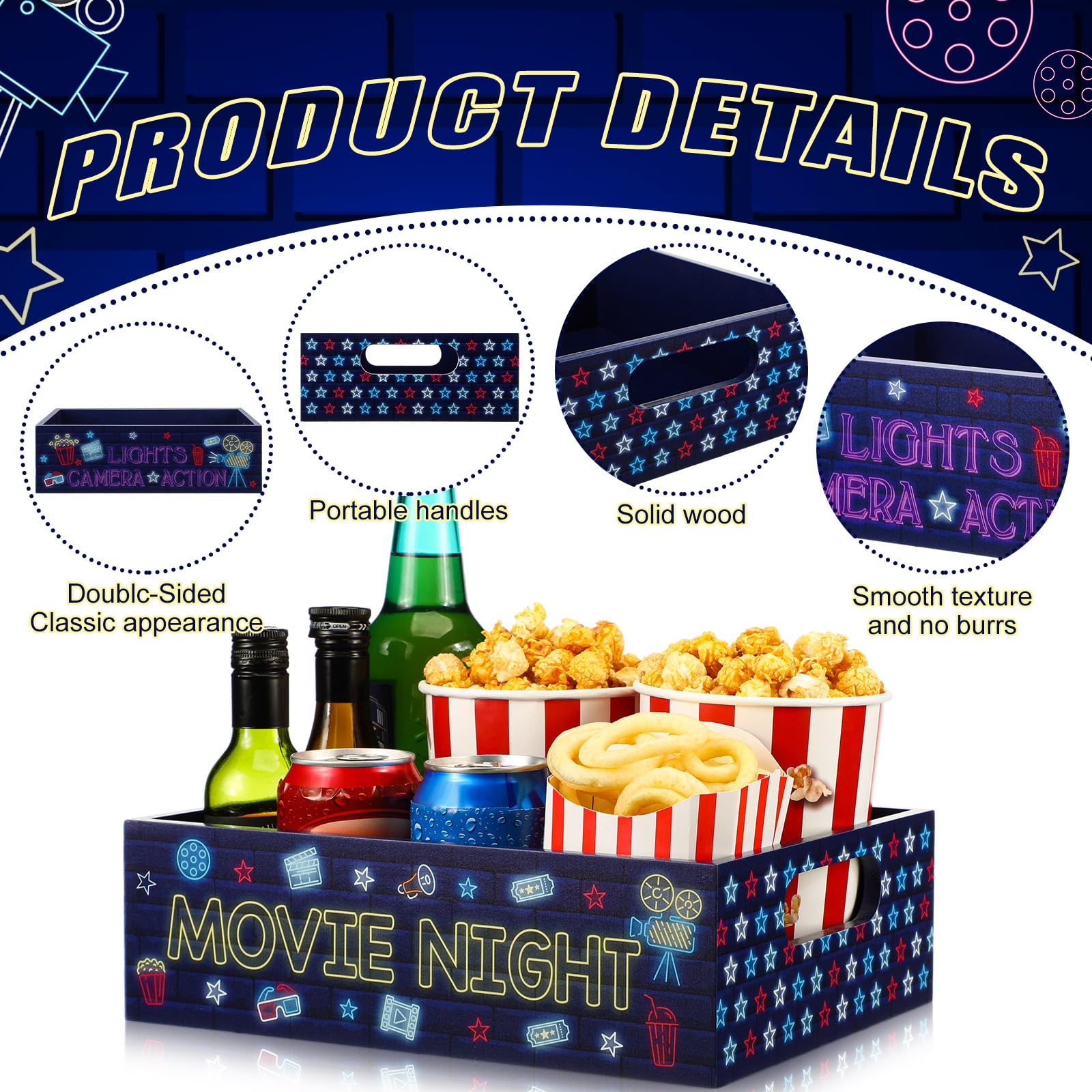 Movie Night Supplies Snack Trays with Handles Reusable Wooden Movie Gift Basket for Theater Popcorn Bucket Bowl Box Container Fa