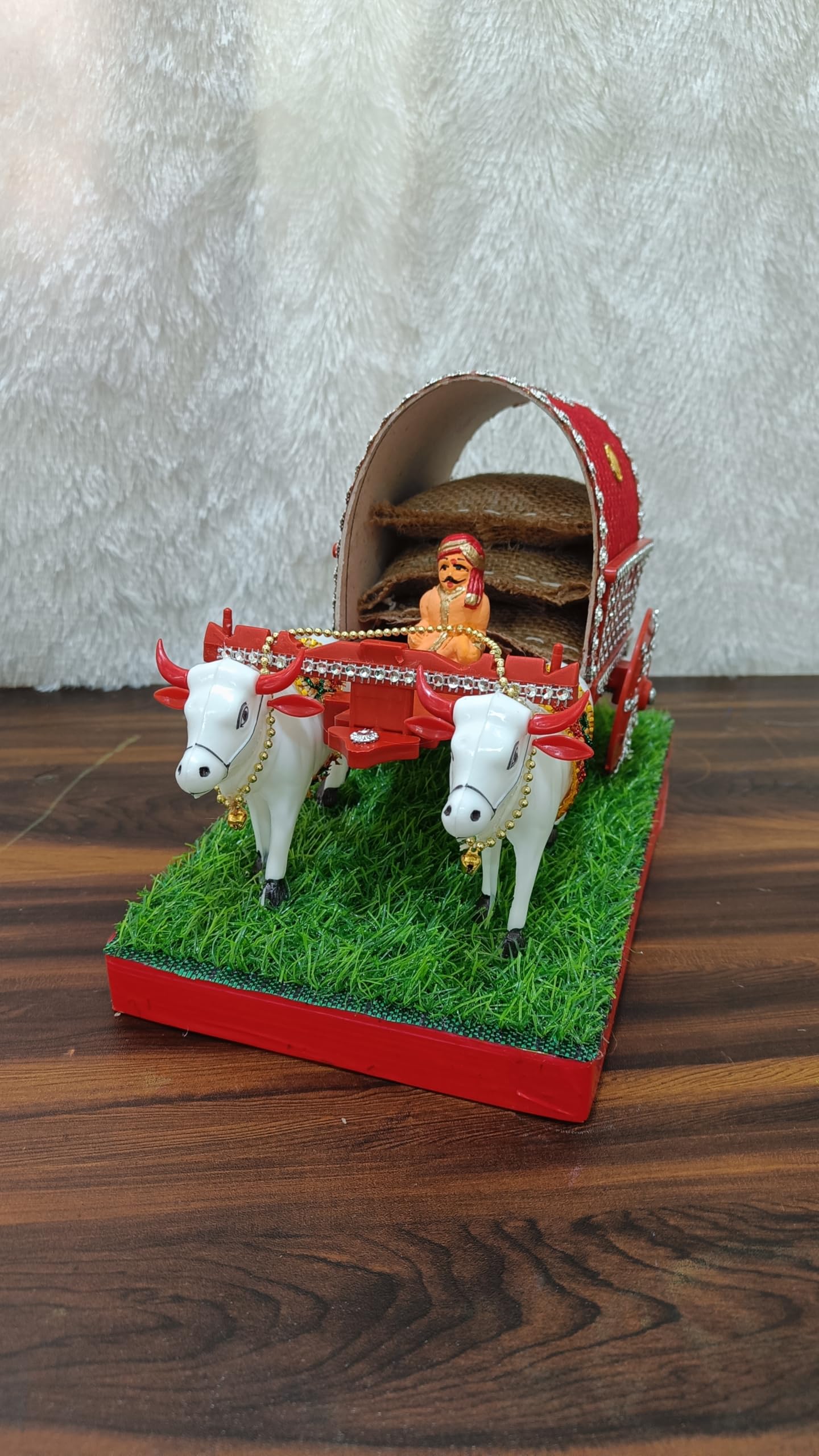 Handcrafted Traditional Indian Bullock Cart Figurine With Two White Oxen, Red Cart With Arched Canopy, Decorative Base, Home Dco