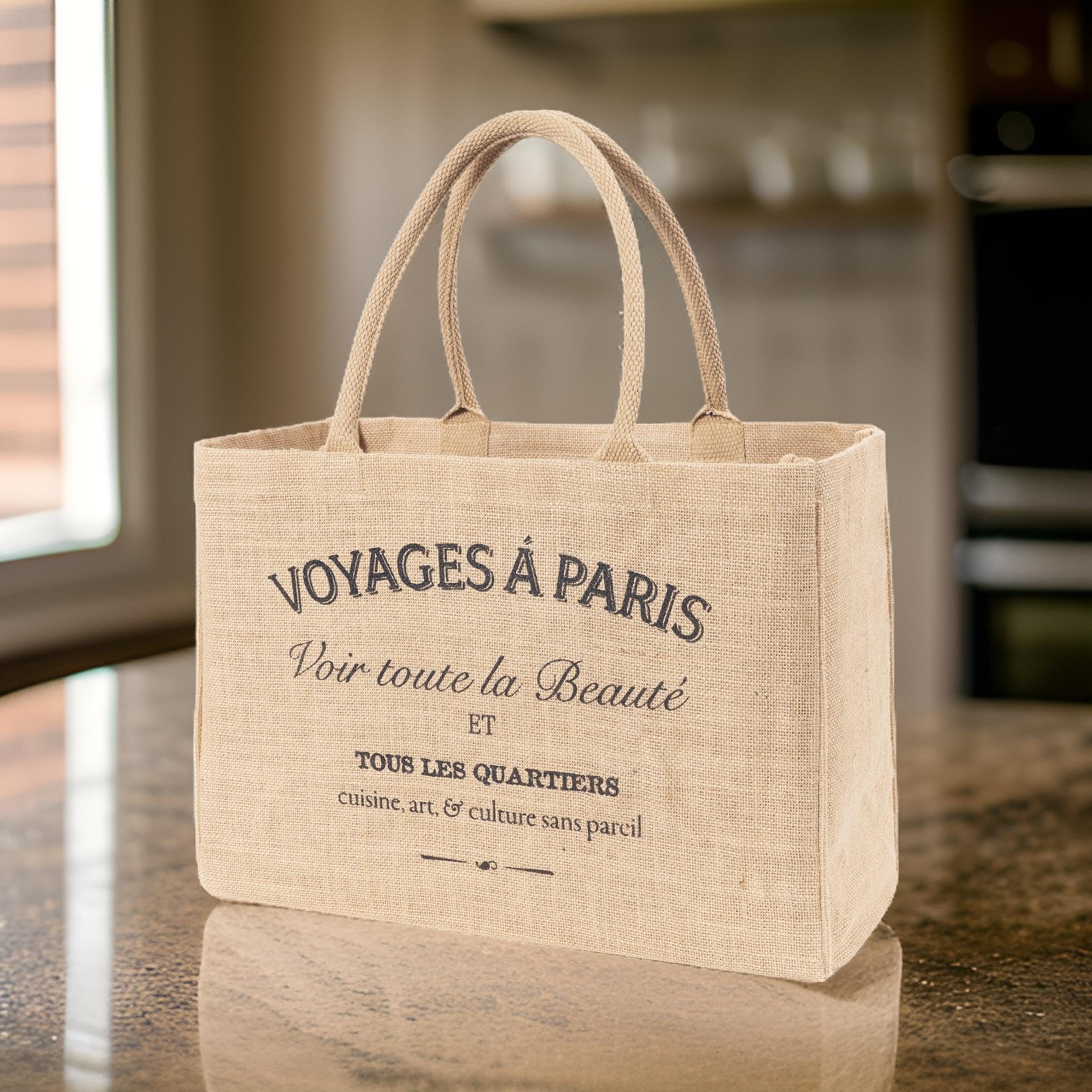 Kaf Home Jute Market Tote Handles Reusable Grocery Bag, Voyages