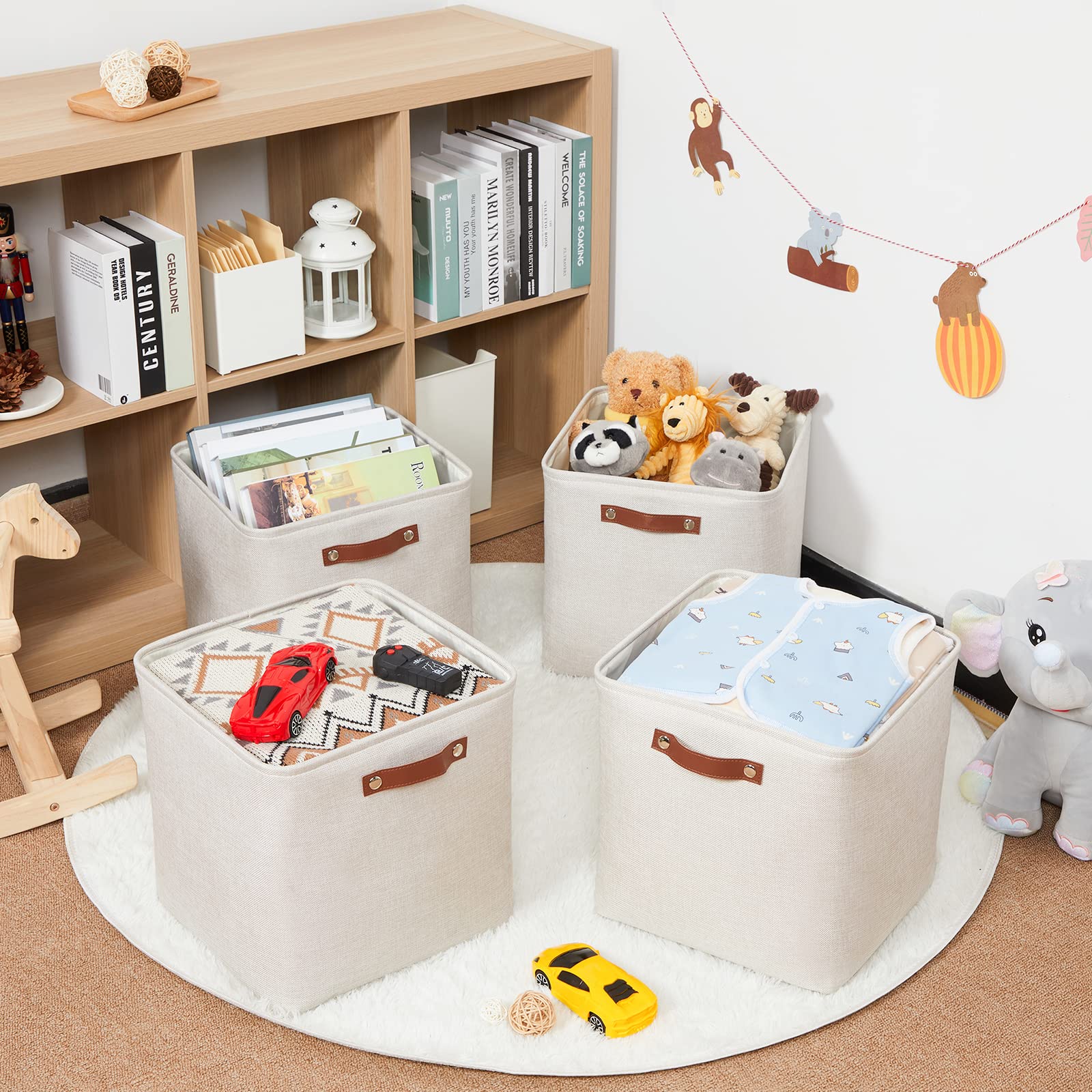 HNZIGE 13x13x13 Cube Storage Bins  Fabric Storage Cubes Baskets for Shelves  Set of 4  Cube Storage Baskets with Handles Foldable Storage Baskets for Organizing Clothes  Toys  Closet  Nursery(Cream)