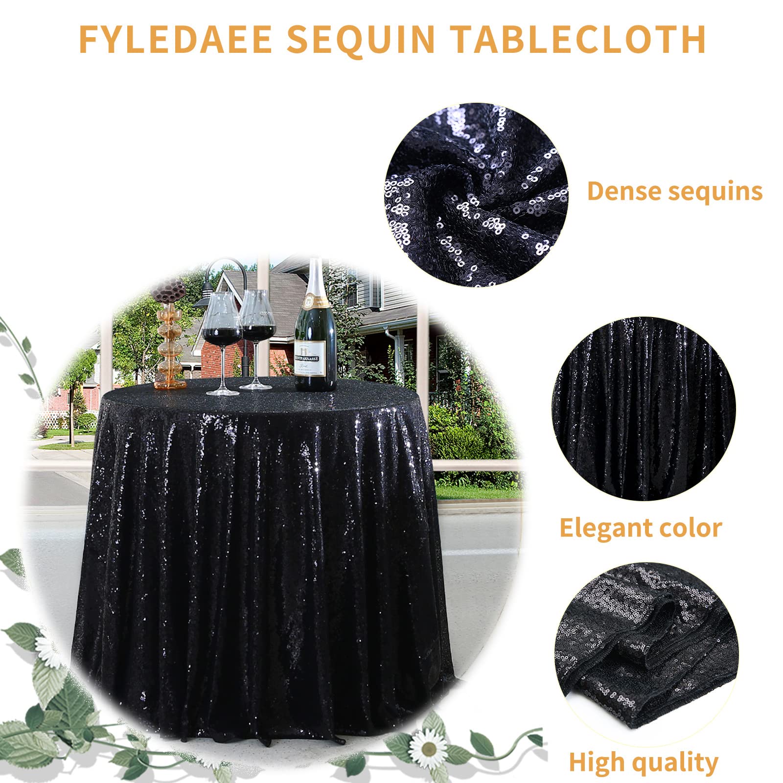 Fyledaee Black Round Sequin Tablecloths For Parties,48 Inch Glitter Table Cover Fitted Small Cute Sweet Table For Wedding Birthd