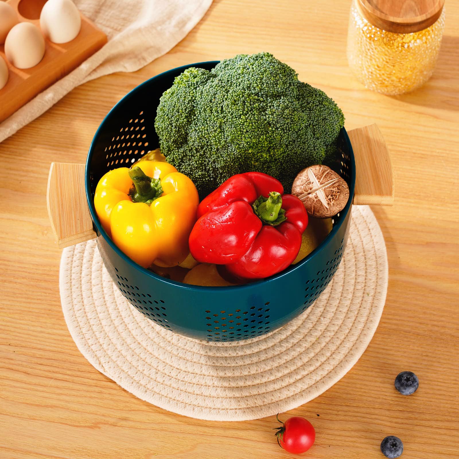 Metal Colander With Wood Handle, Powder Coated Steel Large Kitchen Strainer Stable Base,(Green, 55Qt)