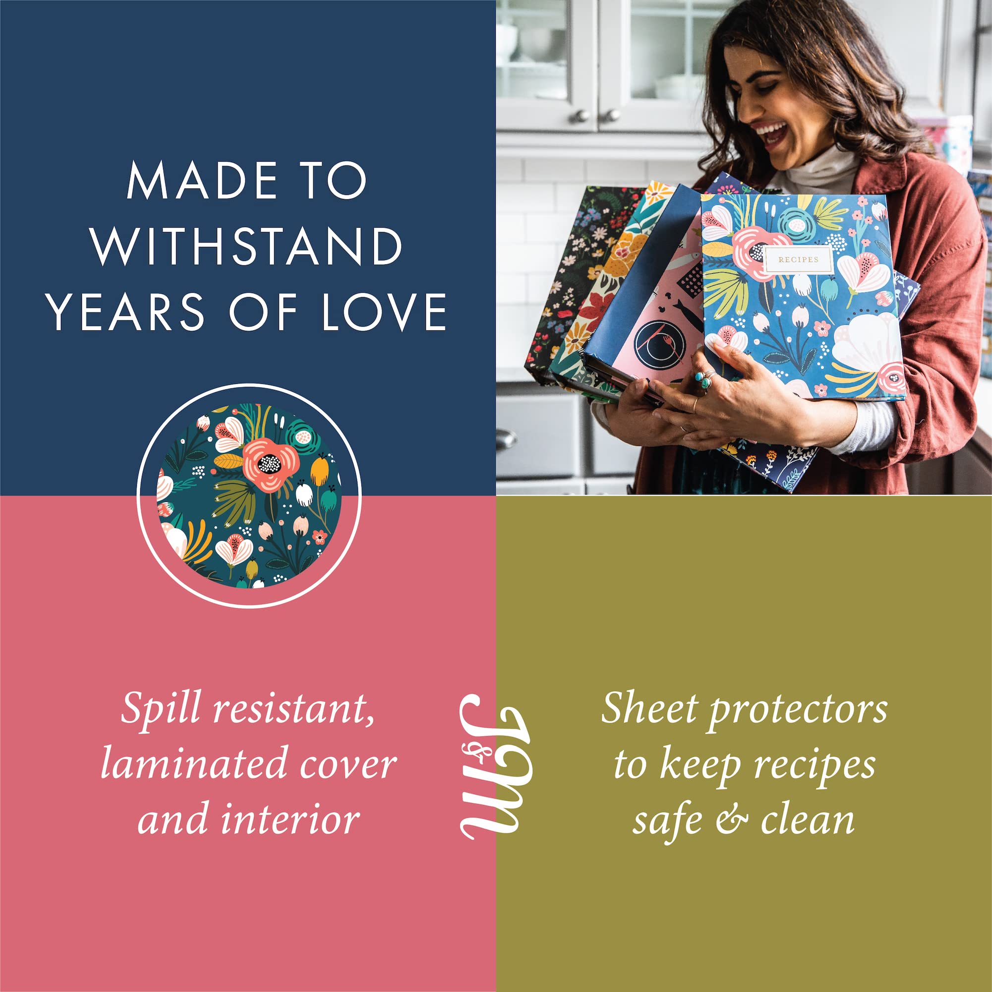 Jot & Mark 3 Ring Recipe Binder with 50 Recipe Cards, 25 Sheet Protectors, 8.5" x 9.5", Garden Floral Design