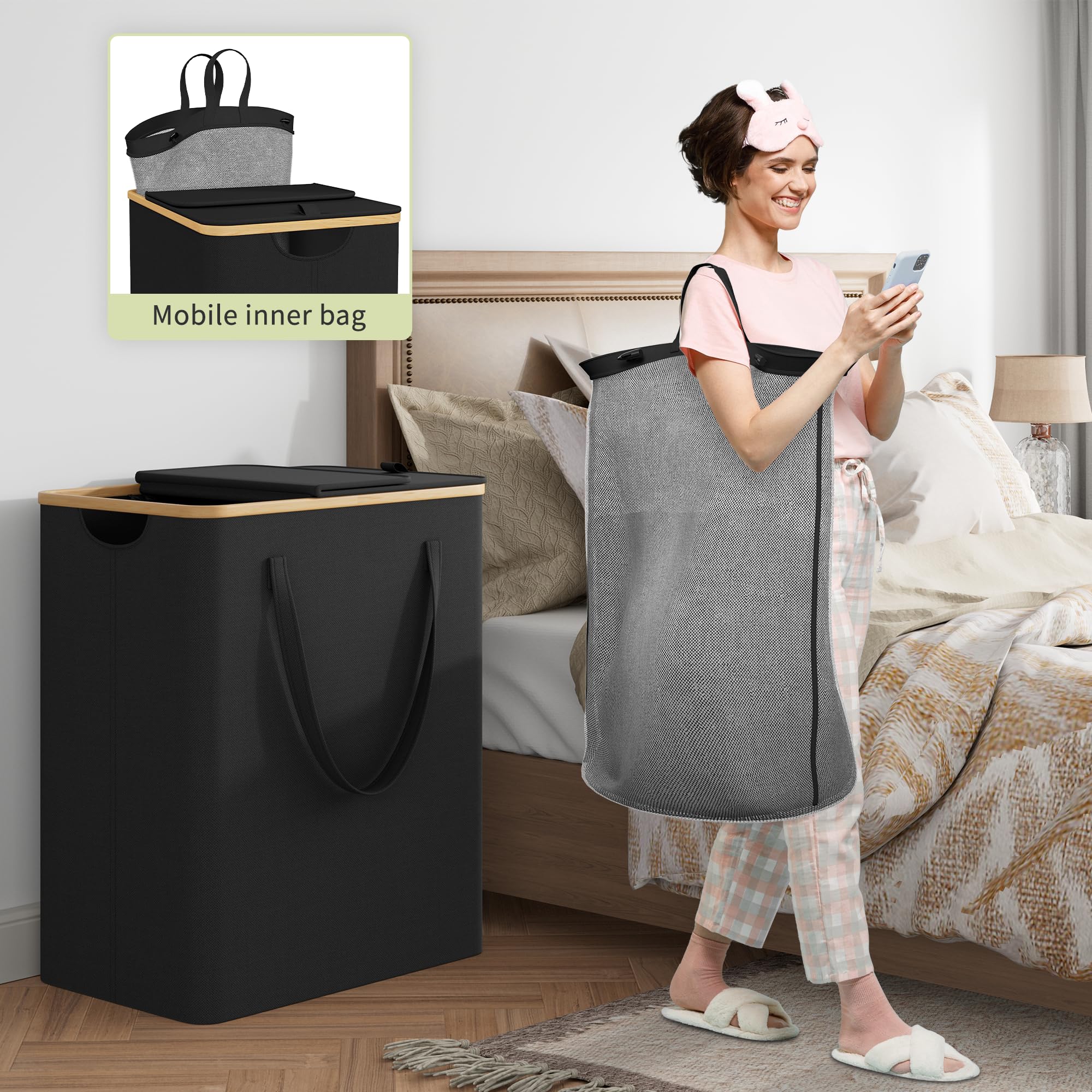 Raybee 170L Laundry Basket With Lid, Laundry Hamper With Lid, Dirty Laundry Hamper 3 Section Divided Laundry Basket Organizer Fo
