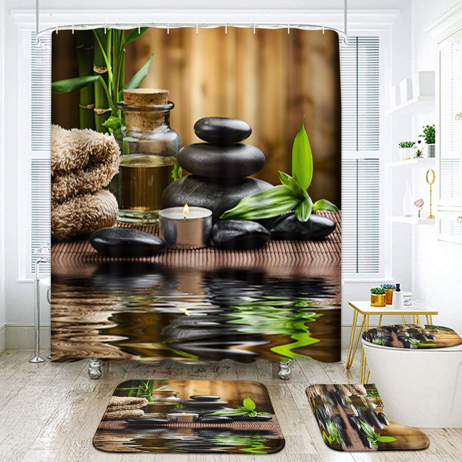 Artsocket 4 Pcs Shower Curtain Set Stones Spa Oil Wood Massage Relax Candle Ayurvedic Water Bamboo Green With Non-Slip Rugs Toil