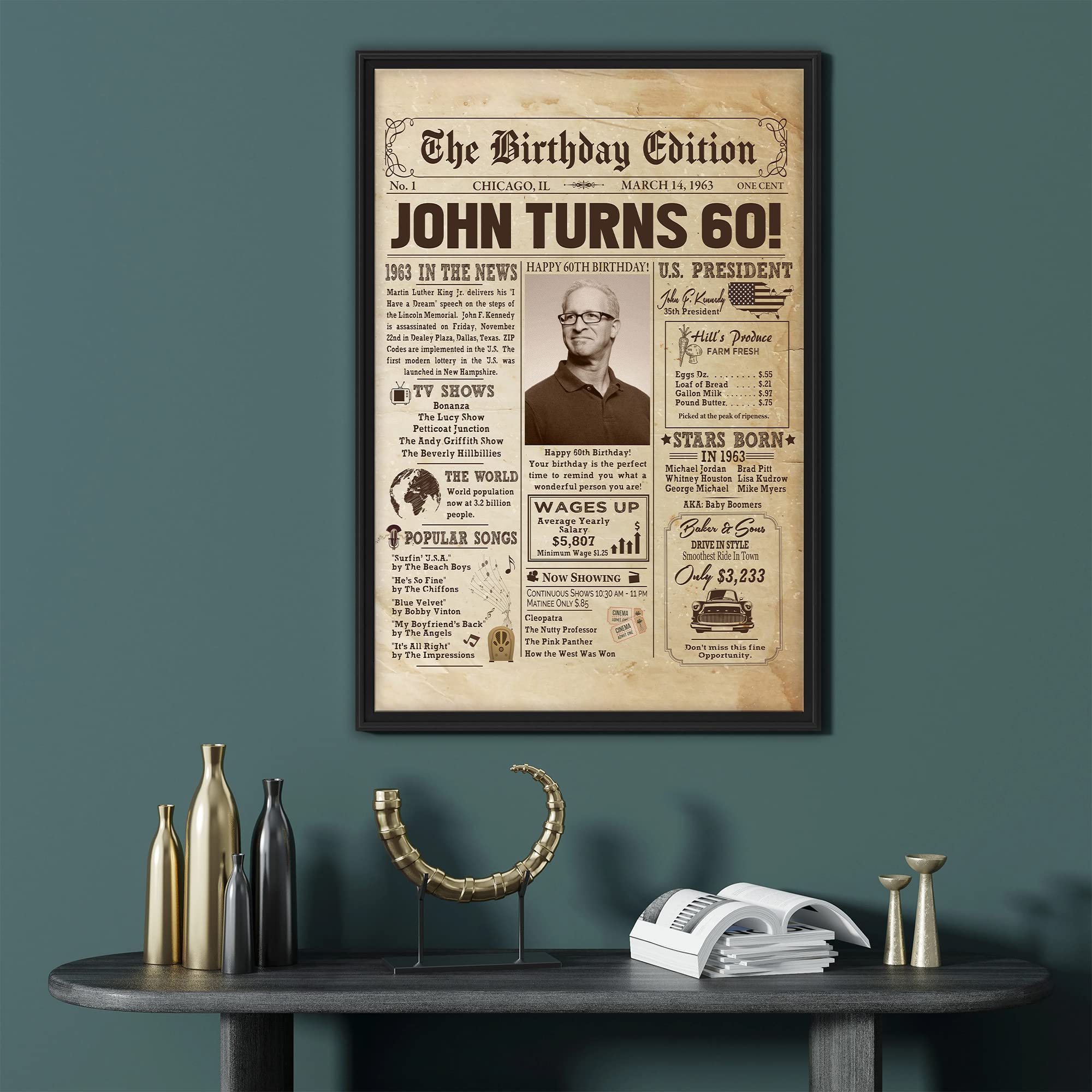 Personalized 60Th Birthday Newspaper Poster No Frame, Canvas Back In 1963 Gifts Idea Birthday, Anniversary, Custom Photo Birthda
