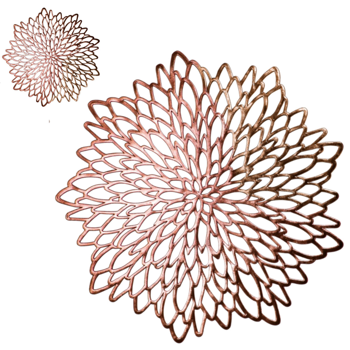 Snowkingdom 18 Pairs Rose Gold Placemats & Coasters 36 Pcs Pink Metallic Pressed Vinyl Bulk For Dinning Table Mats Round Floral