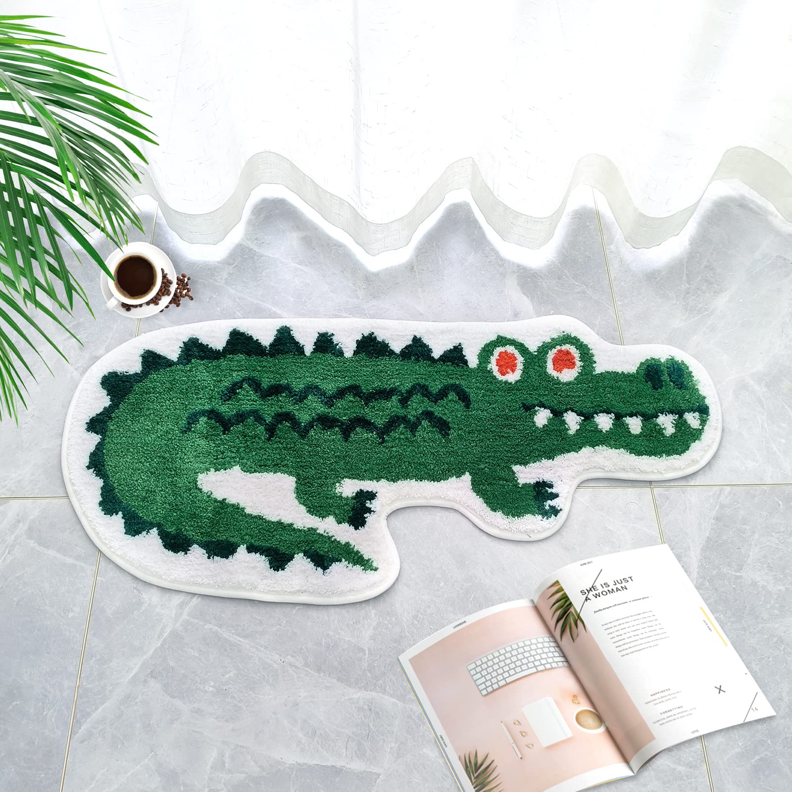 Crocodile Shaped Bath Mat For Bathroom, Cute Green Animal Bathroom Rug Non-Slip Door Mat Cartoon Alligator Bathroom Shower Rug A