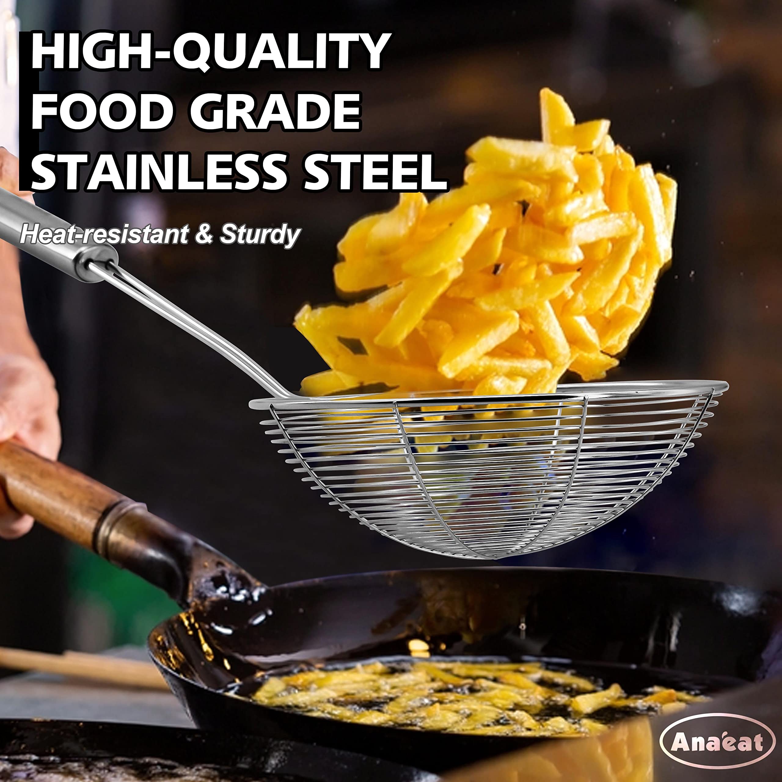 Anaeat Stainless Steel Spider Strainer Skimmer  Set of 3 Professional Kitchen Pasta Strainer Spoon with Long Handle - Asian Strainer Ladle Wire Skimmer Spoons for Cooking and Frying (4.5''+5.3''+6.1'')