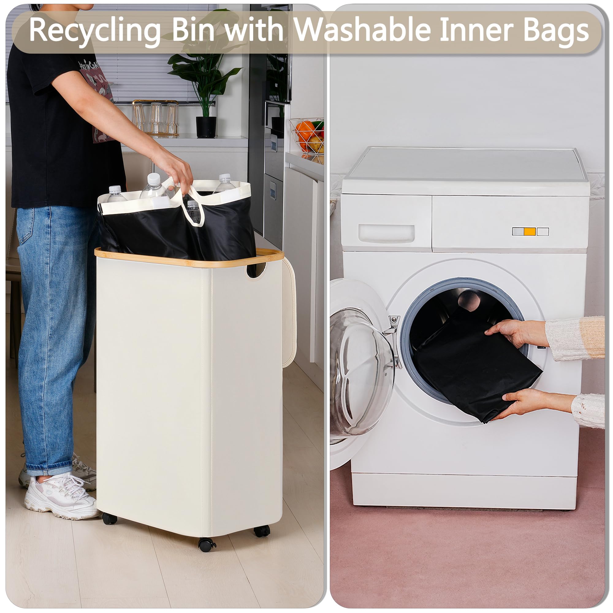 Efluky Recycle Bins For Kitchen 100L (26 Gallon), Recycling Bin With Wheels And 2 Removeable And Reusable Inner Bags, Kitchen Re