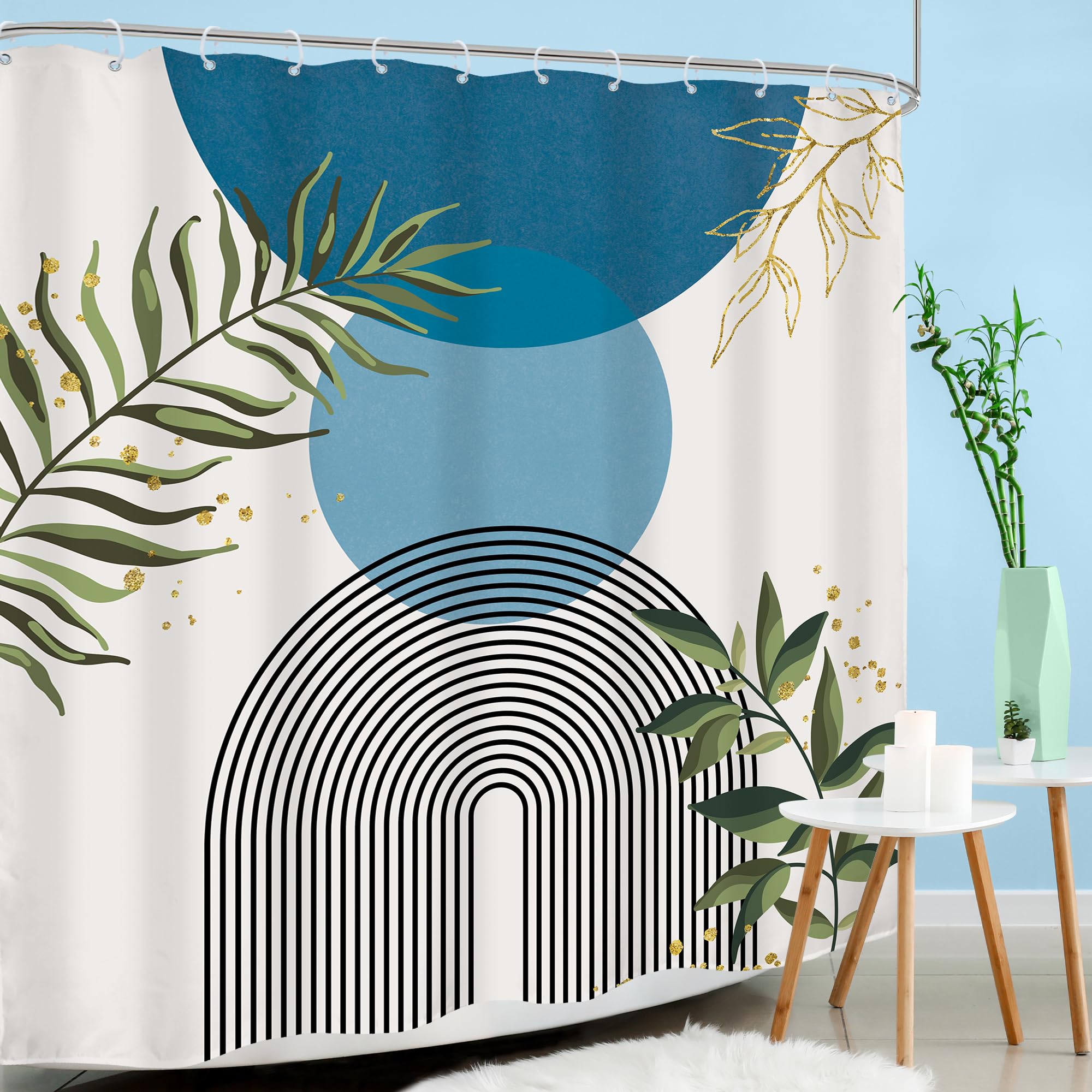 Mitpok Blue Boho Modern Shower Curtain 72Wx72H Mid Century Abstract Gold Green Leaves Sun Arch Minimalist Geometric Aesthetic Pl