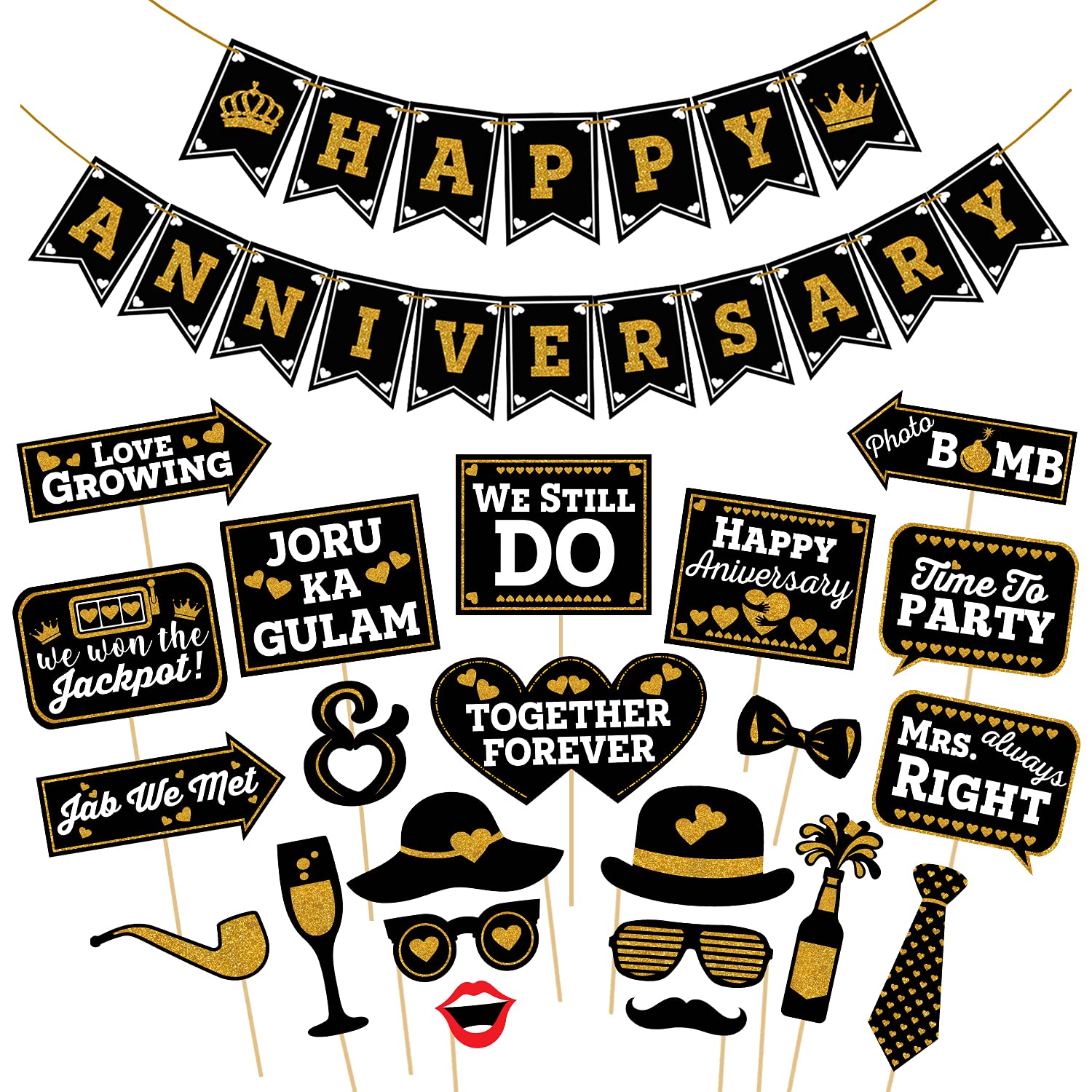 Zyozique Anniversary Party Decorations Combo  Paper Banner & Photo Booth Props Kit (Pack Of 23)  Black, Vibrant  Cardboard, C