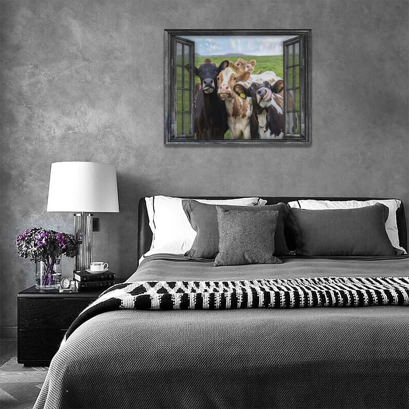 exroozy Rustic Cow Wall Art Funny Cows Window Pictures Wall Decor Farmhouse Cow Canvas Painting Print Modern Artwork Country Room Decor Framed Ready to Hang for Living Room Bathroom Office 16''x12''