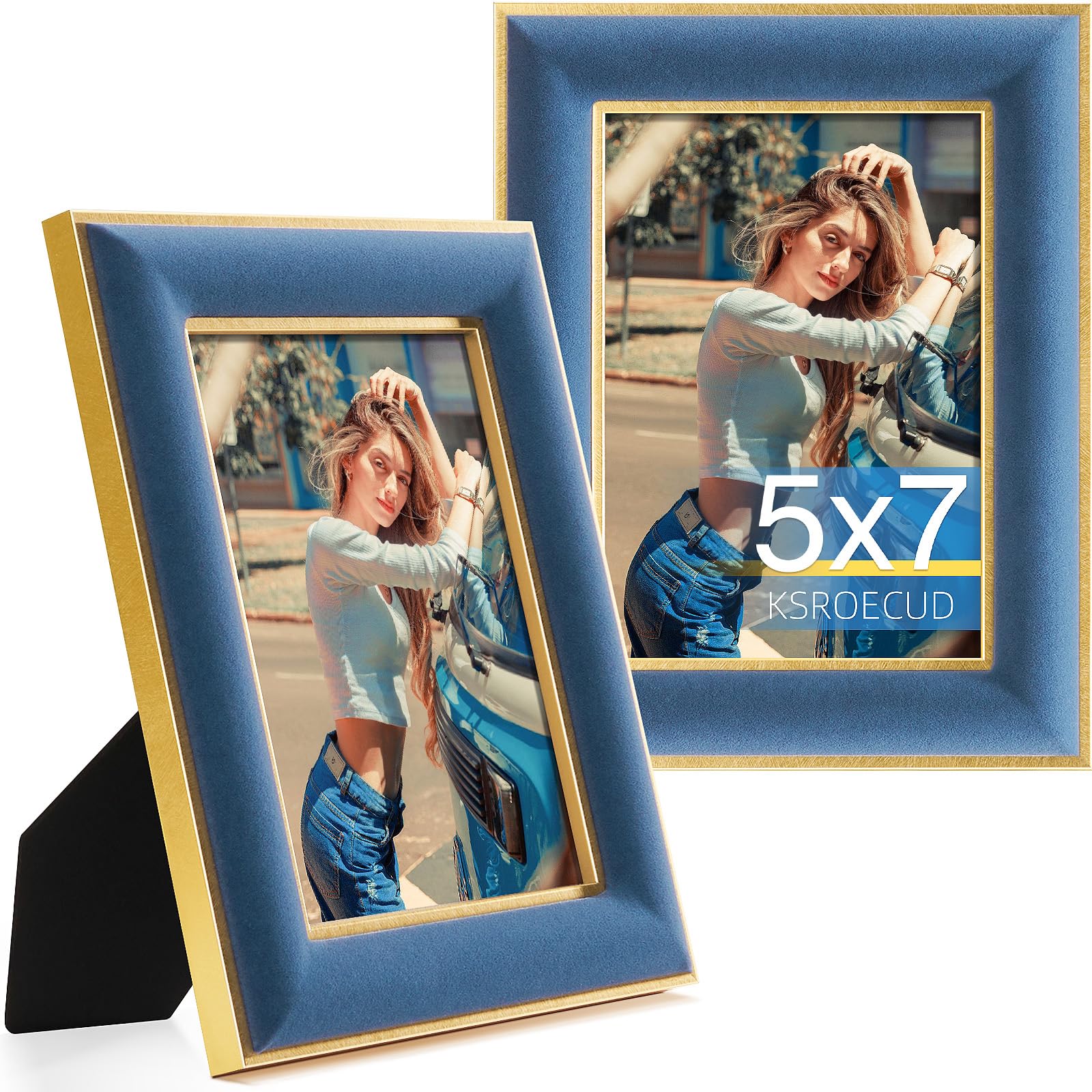 KSROECUD 5x7 Velvet Picture Frame, Navy Blue Photo Frames with Modern Simple Metallic Gold Border, HD Real Glass Horizontal & Ve