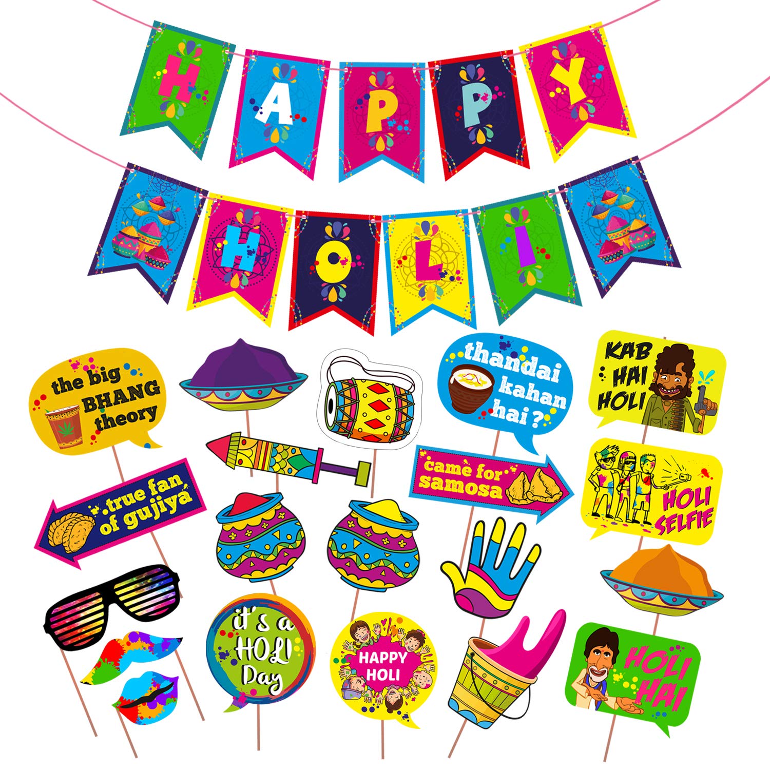 Zyozique Zyozique Happy Holi Decoration Combo Photo Booth Props+1 Set Happy Holi Paper Banner ,Holi Decoration Items for Party H