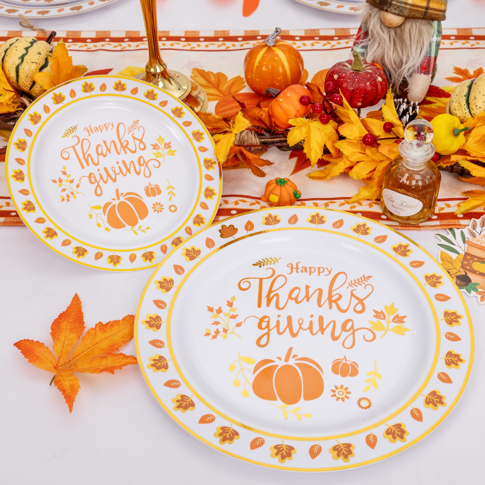 EI 60pcs Thanksgiving Plastic Plates,Thanksgiving Party Supplies,White and Gold Orange Plastic Plates,Fall Plastic Plates Dispos