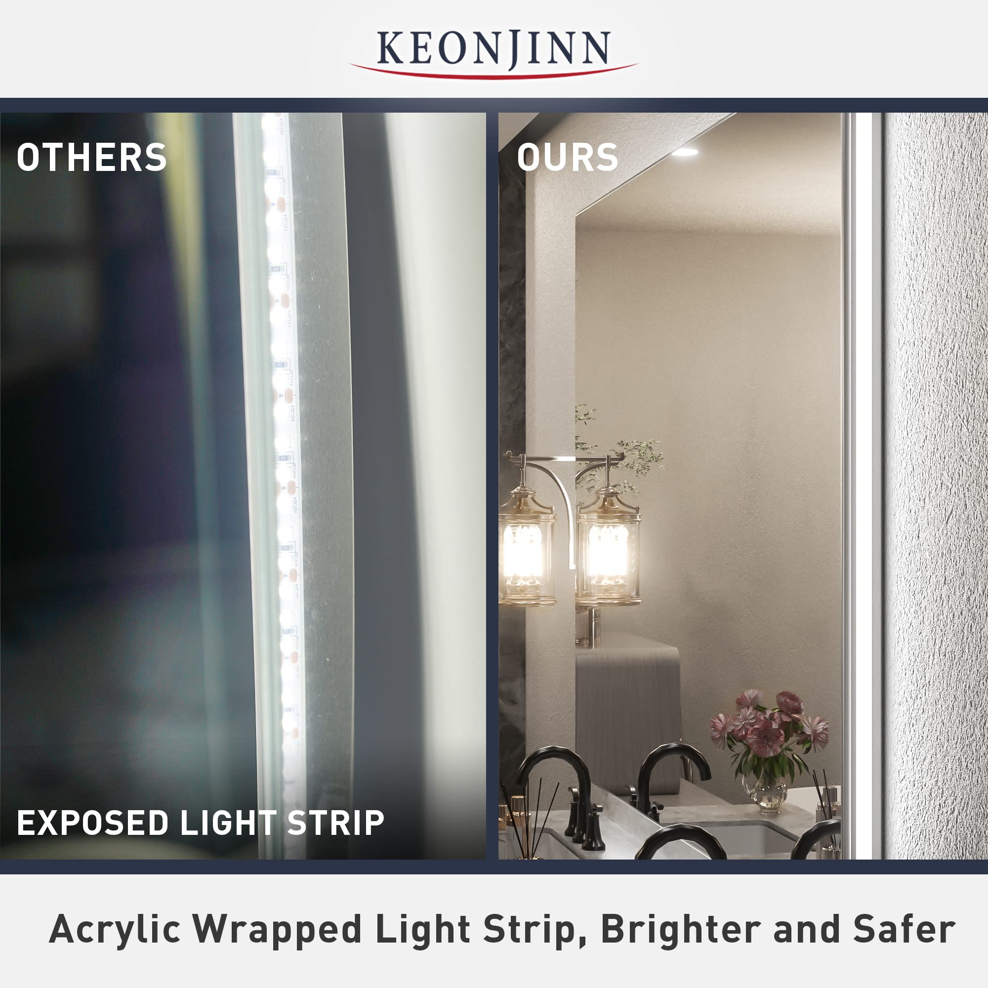 Keonjinn Backlit LED Bathroom Mirror, 36x28 Inch, Anti-Fog, Dimmable, IP54 Waterproof, Model K1MIGB004, Glass Finish