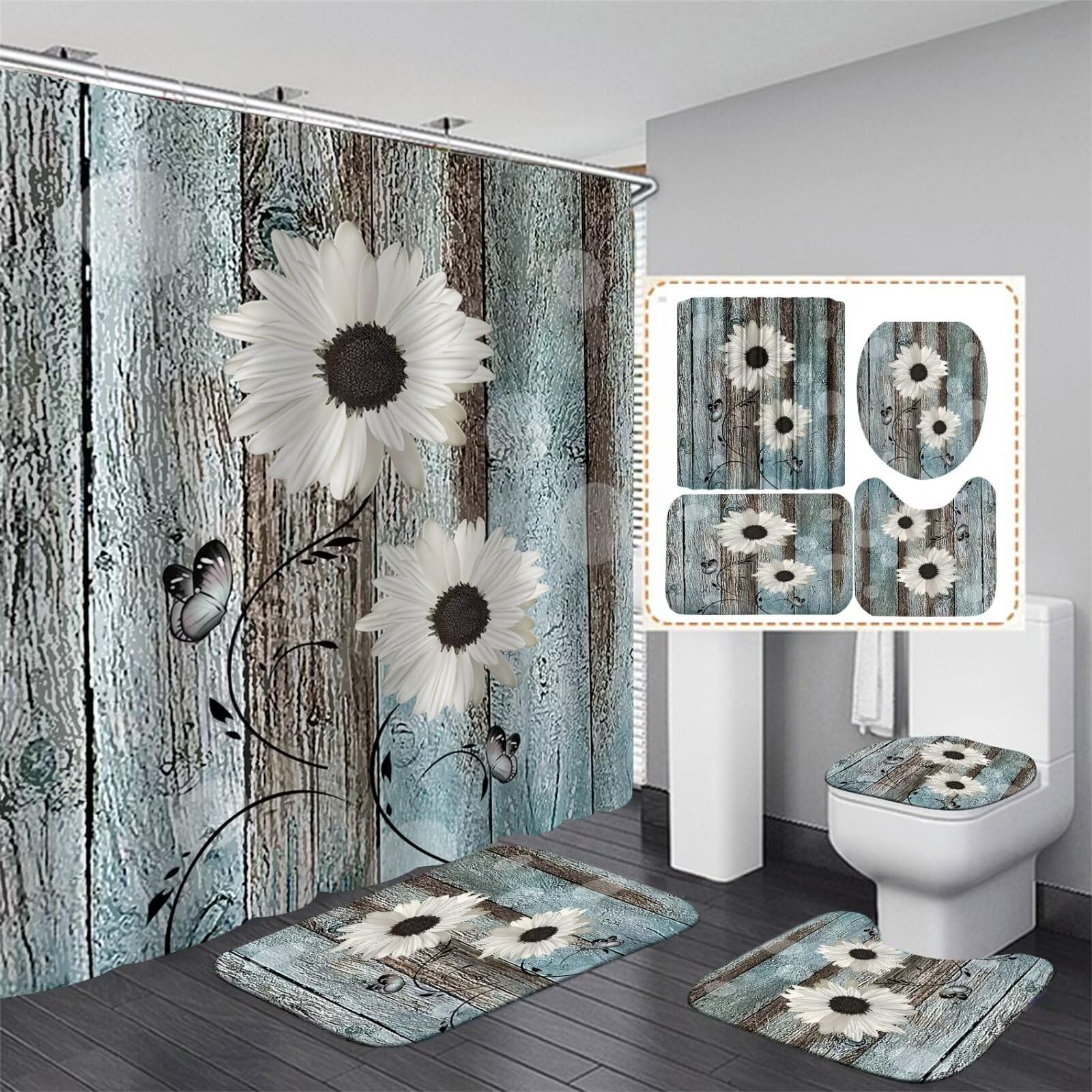 Azhm White Daisy Flower Shower Curtain Sets With Rugs 4 Piece Rustic Flower Floral Wood Panel Bathroom Decor Set With Non-Slip R
