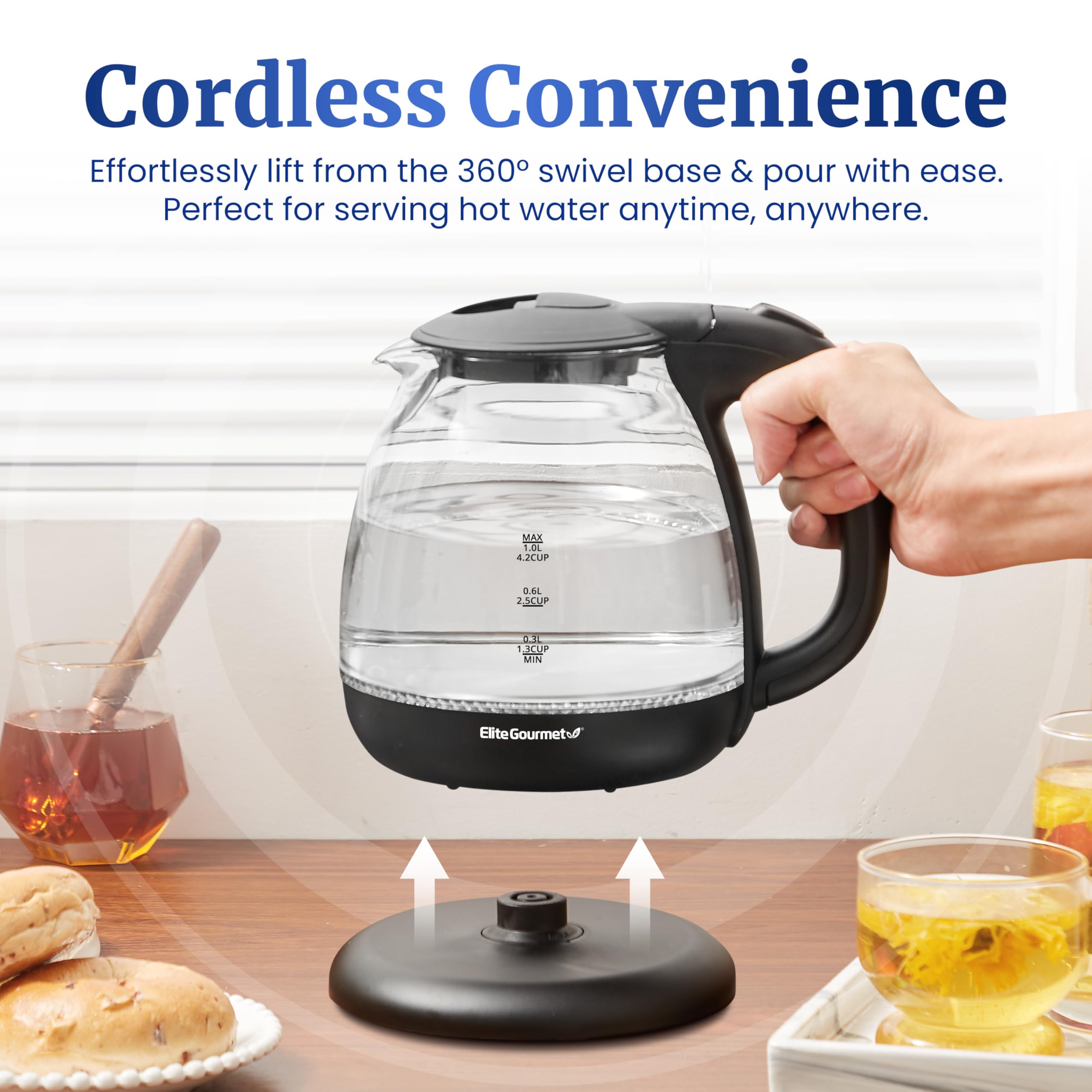 Elite Gourmet Electric Glass Kettle 1.0L, BPA-Free, 1100W, Stylish Blue LED, Auto Shut-Off, Graphite Black, Model EKT1001B