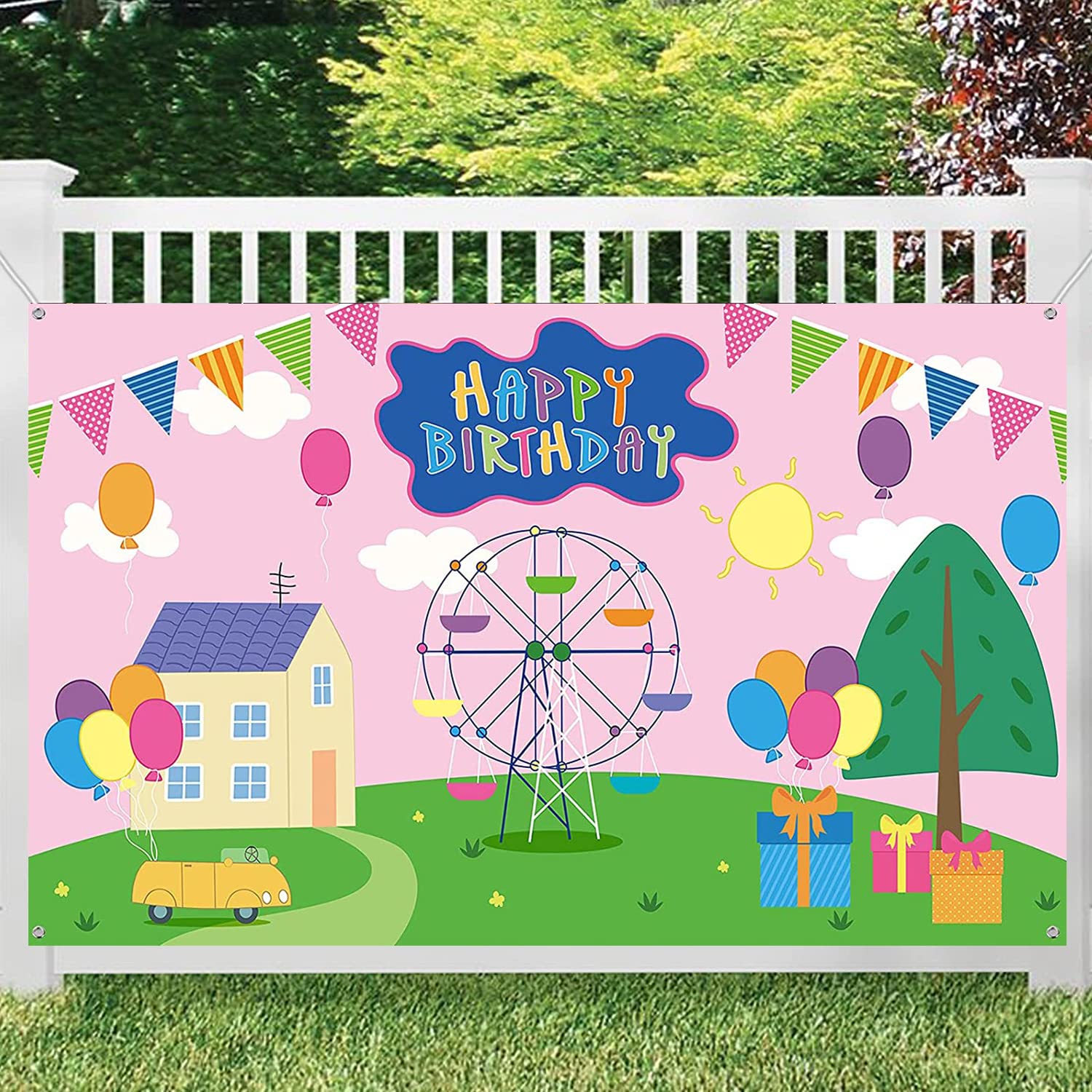 Happy Birthday Backdrop Colorful Cartoon House Sky Flag Car Photography Background Cartoon Pink Pig Theme Banner for Baby Shower