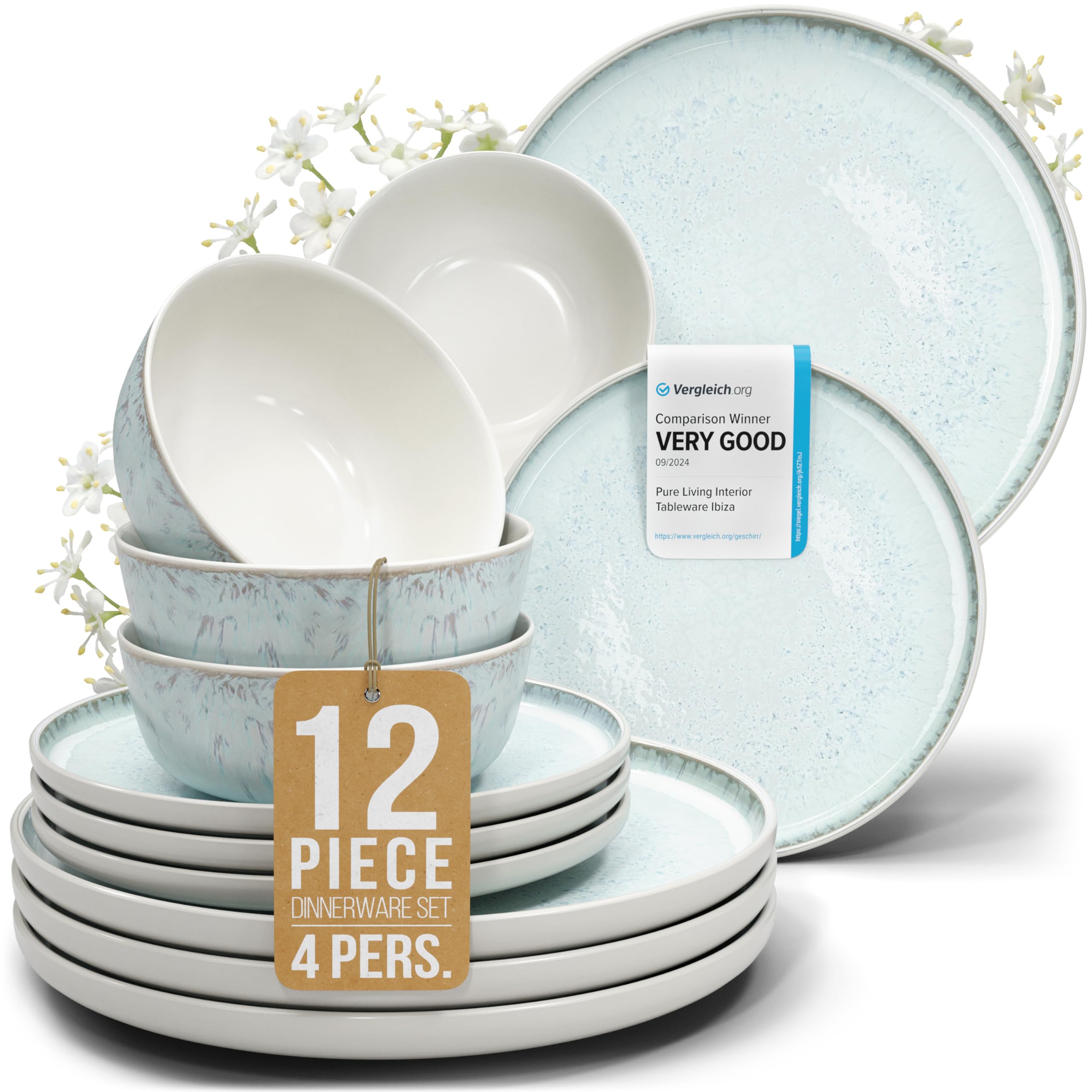 Stoneware dinnerware set 4 persons 12 pcs - Modern style plates and bowls set ceramic - Dishwasher, microwave and scratch resist