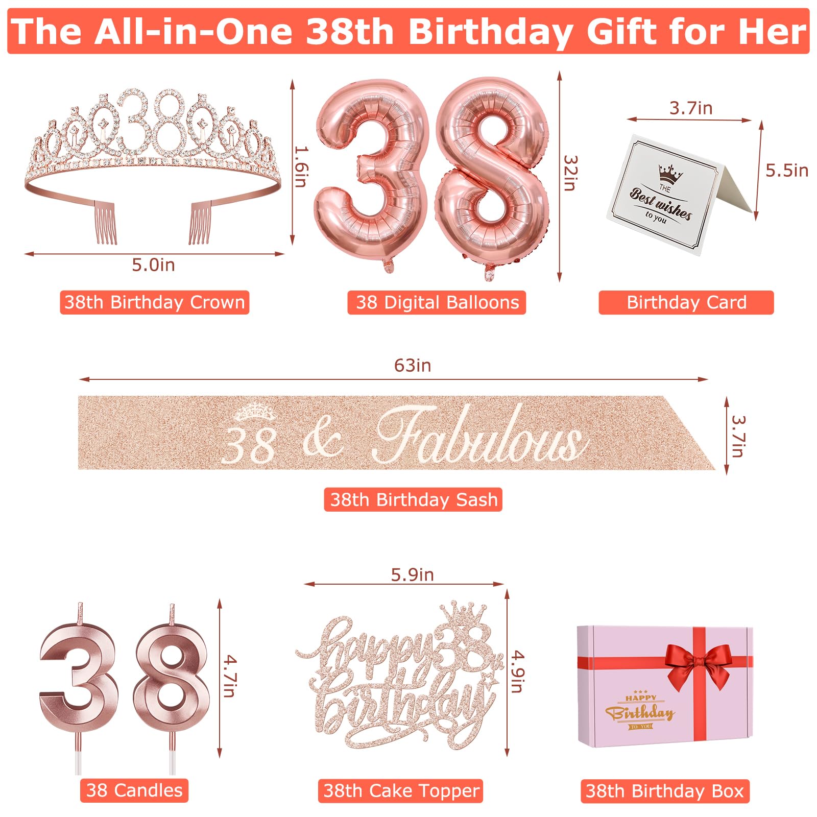 38Th Birthday Decorations For Women Including 38Th Birthday Sash, Tiara/Crown, Number 38 Candles And Cake Topper, Rose Gold 38 B