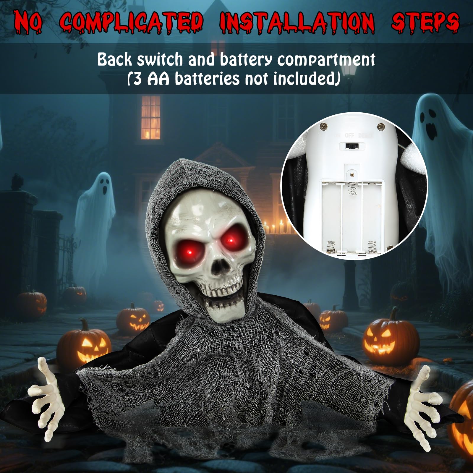 Boveco Halloween Animatronics Decoration Scary Skeleton Ghost Light-Up Eyes Sound & Activated Sensor Outdoor and Indoor Animated