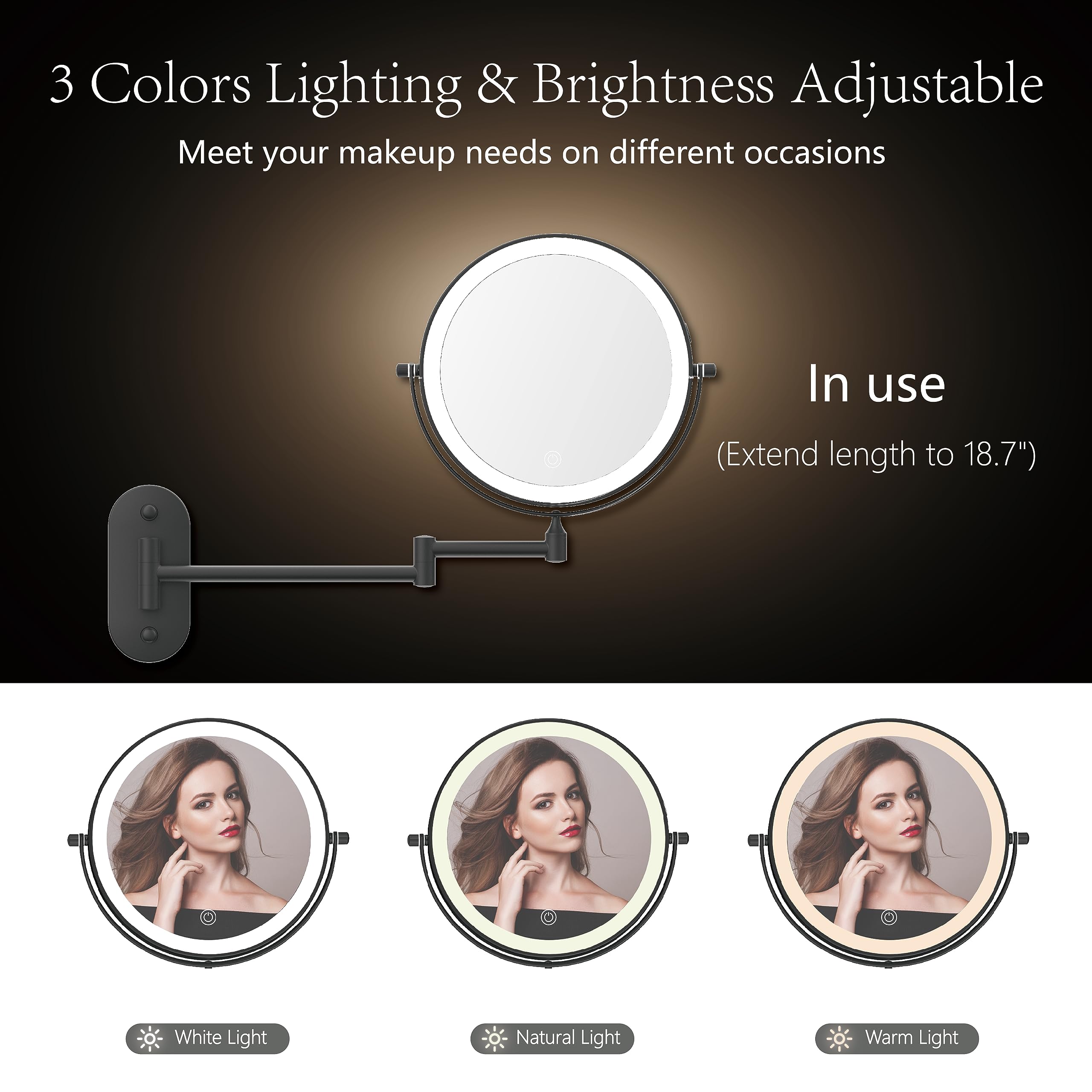 Miroamz Rechargeable Wall Mounted Lighted Makeup Vanity Mirror 8 Inch Double Sided 1X 10X Magnifying Bathroom Mirror, 3 Color Li