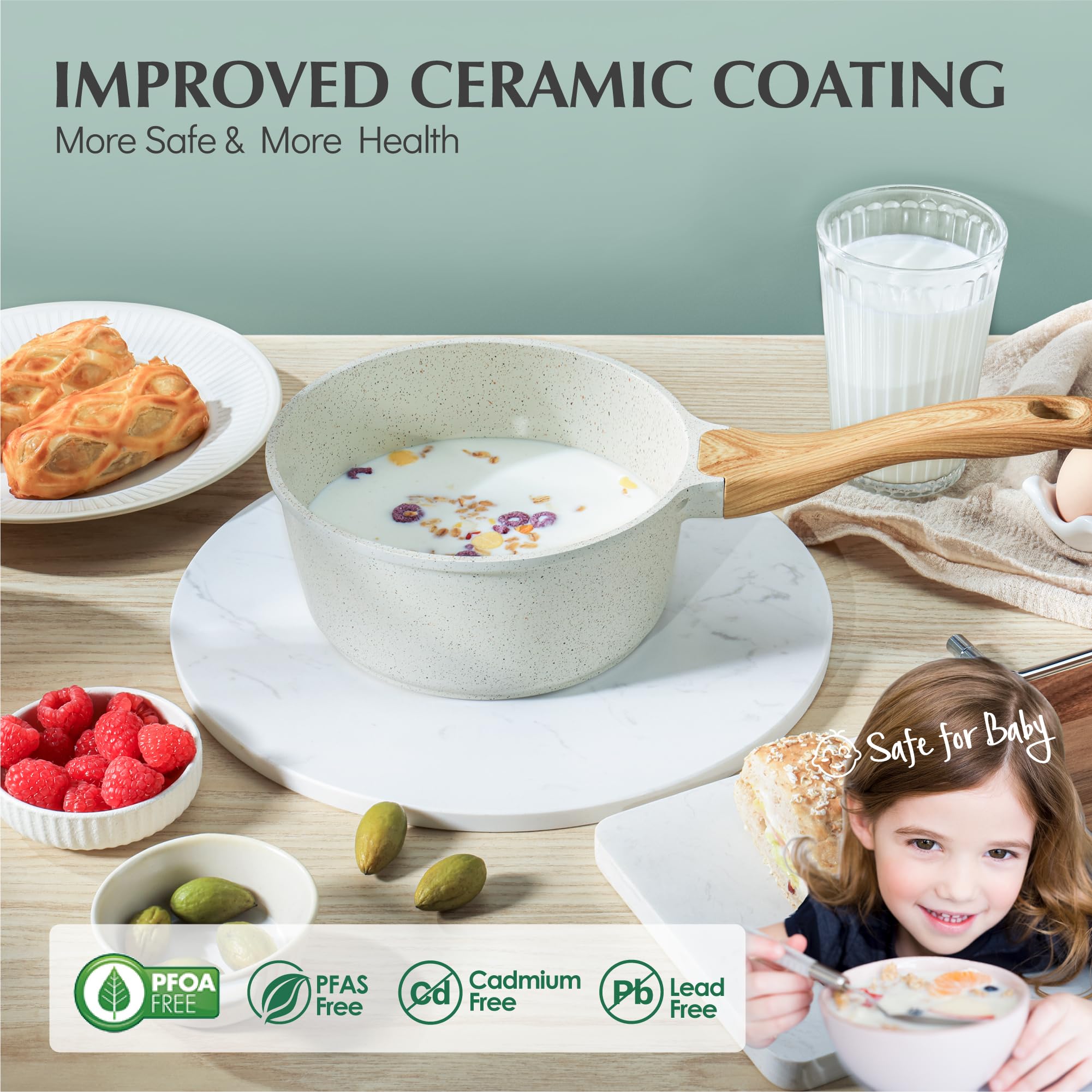 Sensarte White Ceramic Nonstick Saucepan With Lid 2 Qt, Small Cooking Pot With Stay Cool Handle, Induction Compatible Soup Pot,