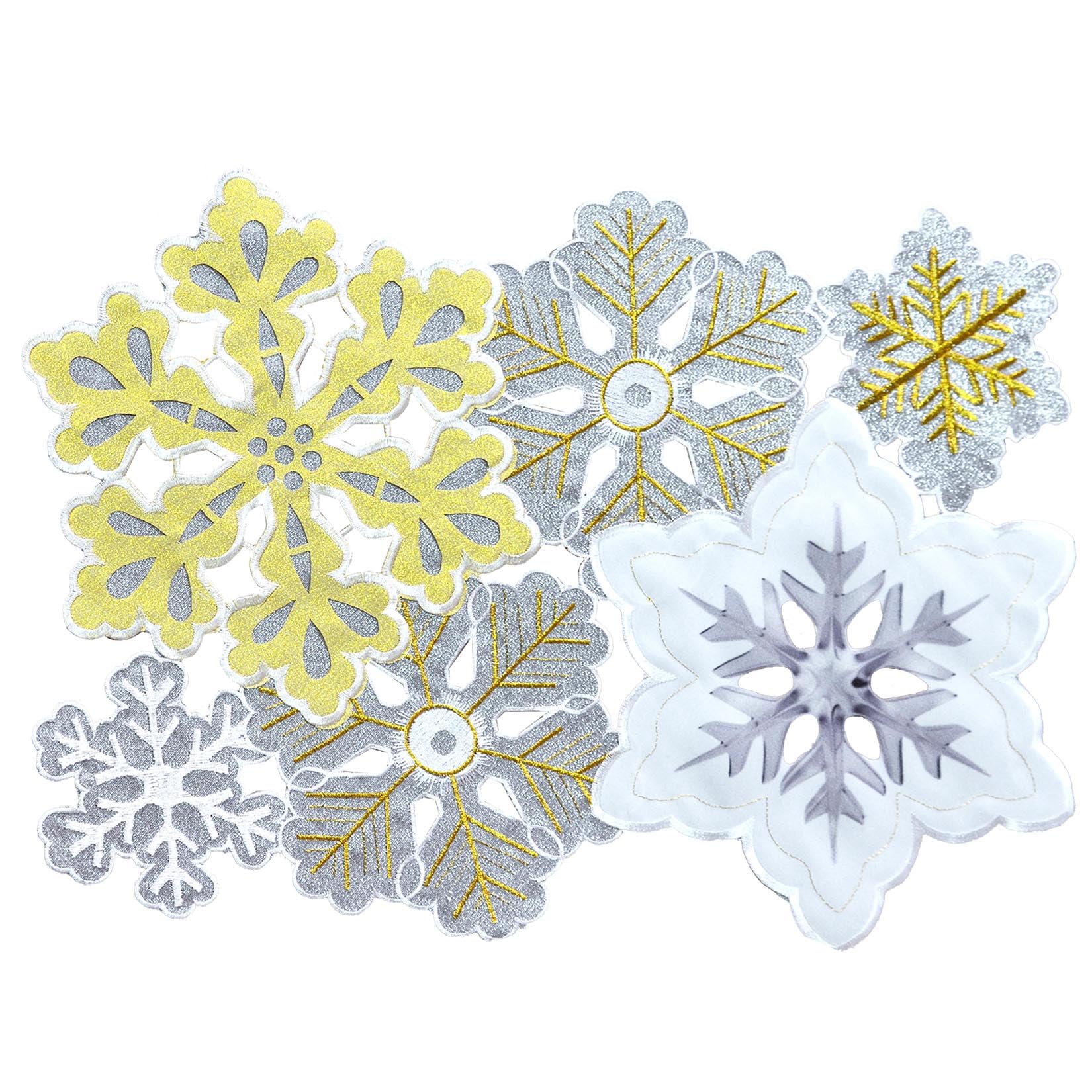 Grelucgo Set Of 4 Machine Embroidered And Hand Cut Silver And Gold Winter Snowflakes Table Place-Mats For Christmas Holiday (13