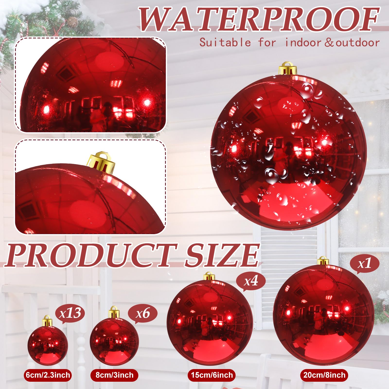 Marsui 24 Pcs Giant Christmas Balls Ornaments Extra Large Outdoor Red Christmas Ornament 8'' 6'' 3'' 2'' Large Xmas Balls Bulk P