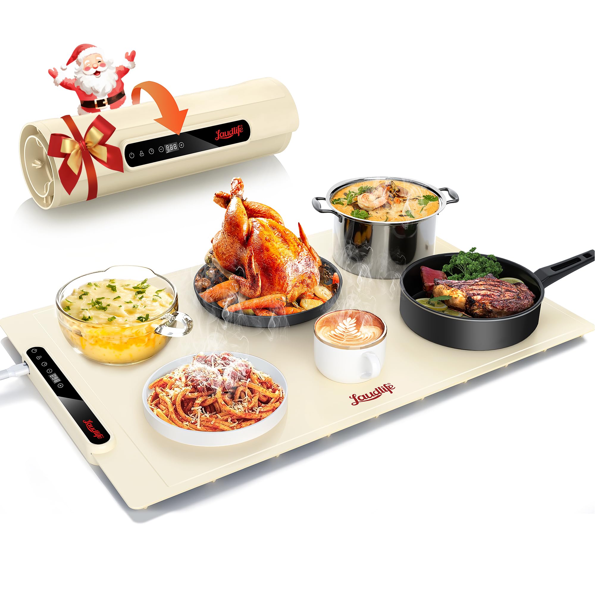 Laudlife Electric Warming Mat for Food, Roll-Up Silicone Heating Pad with 7 Adjustable Tempmaster Levels, Foldable Warming Tray 