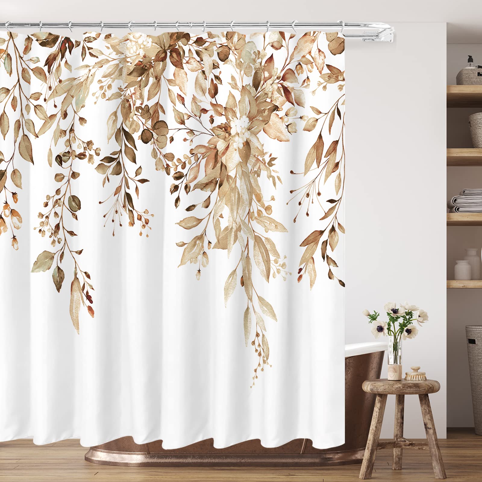 Tititex Tan Eucalyptus Shower Curtain Sets, Watercolor Brown Leaves On The Top Plant With Floral Bathroom Decoration 72X78 Inch