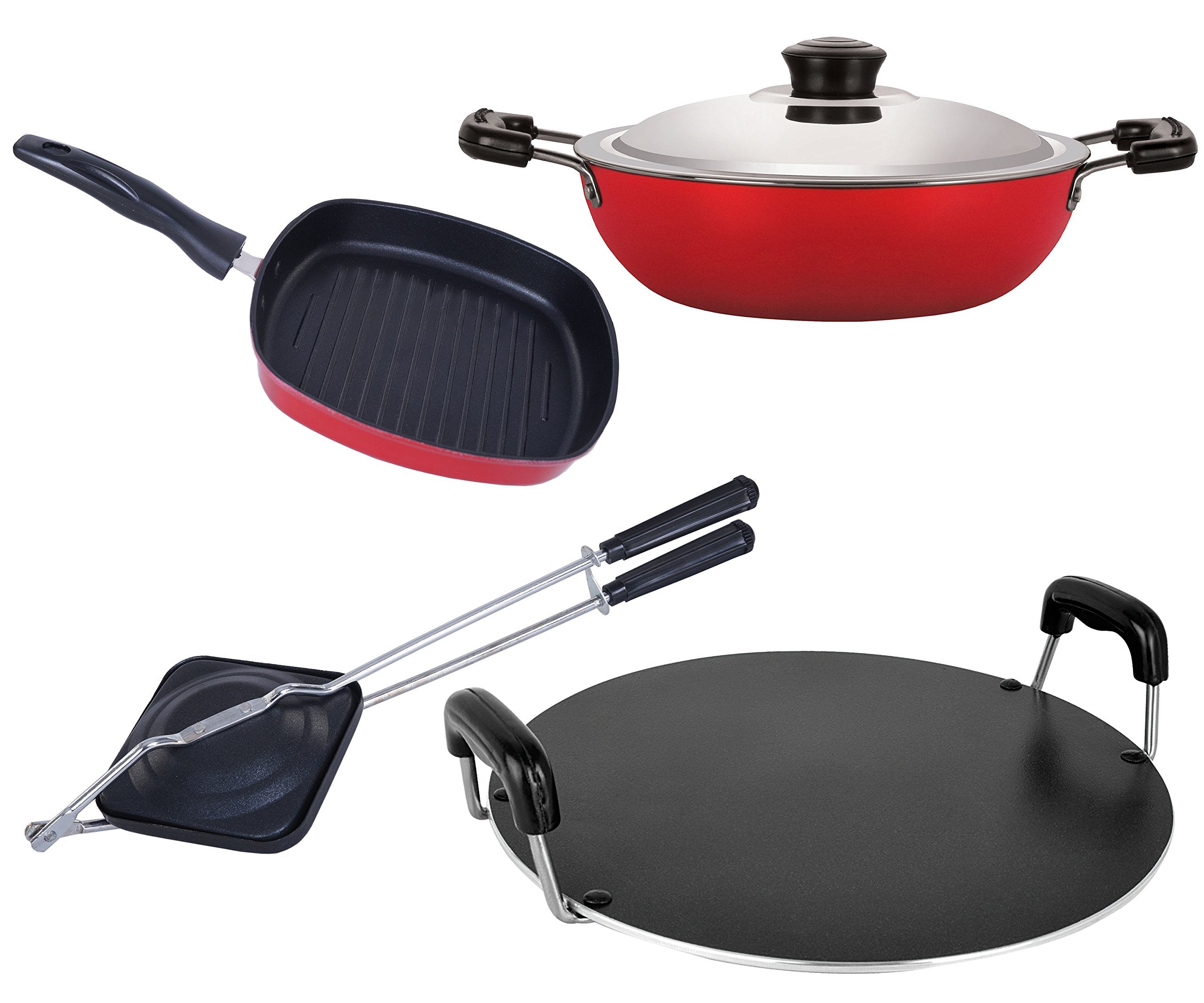 Nirlon NonStick Aluminum Cookware Set, 4Piece, Red And Black (Dkd(M)_Gp(24)_Rt_Ht)