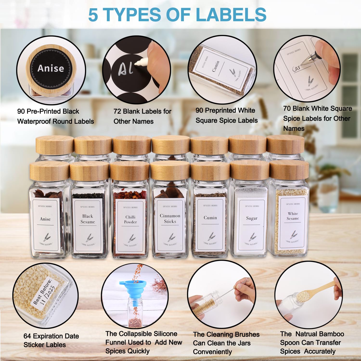MONICA 14 Glass Spice Jars with Bamboo Airtight Lids and 5 Types of Spice Labels-4oz Empty Square Spice Bottles with Shaker Lids and Silicone Collapsible Funnel Test Tube Brush Bamboo Spoons