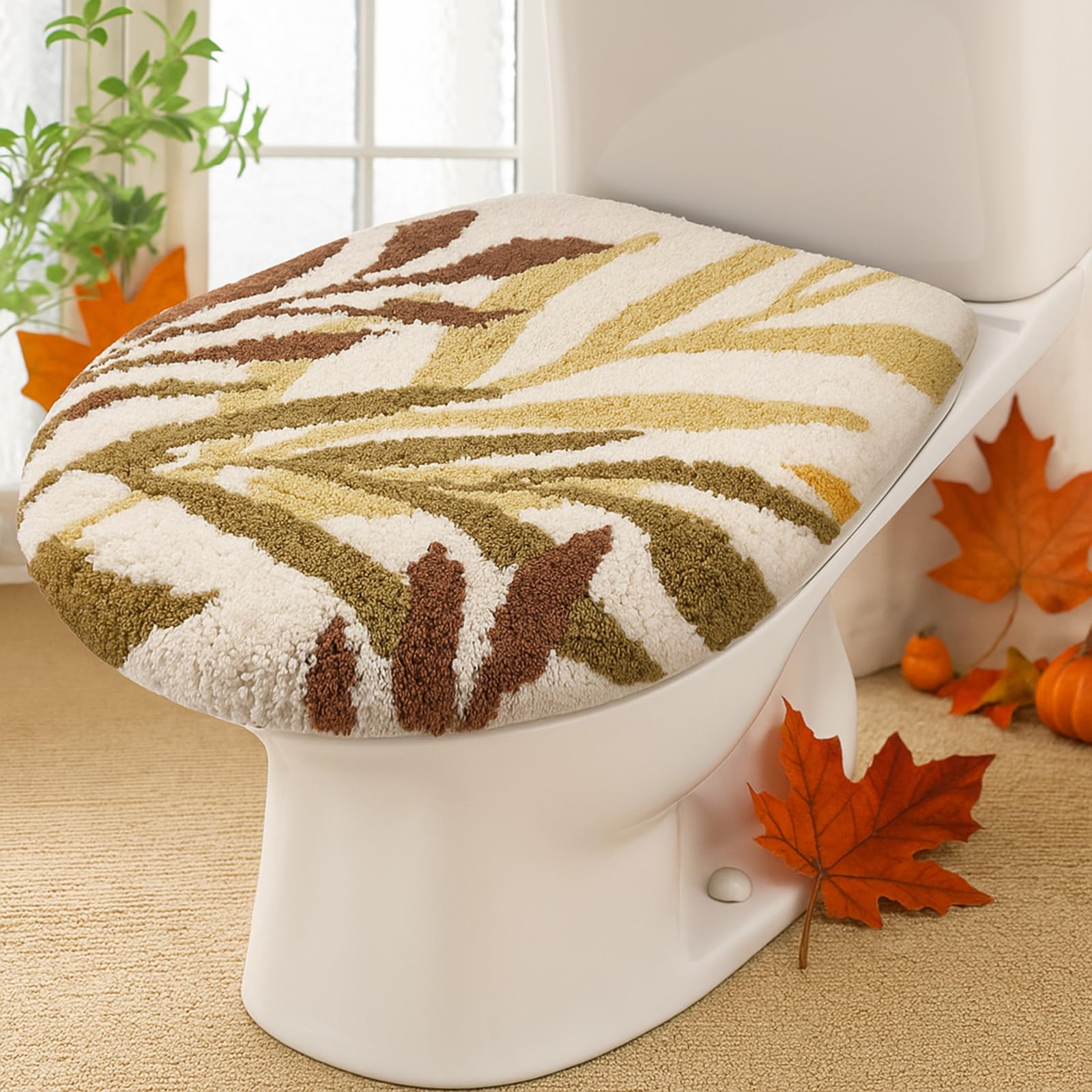 Mindsoft Brown Leaves Toilet Seat Covers Bathroom Toilet Lid Cover Soft Microfiber 17.5 x 15 Plush Tufted, Machine Washable,