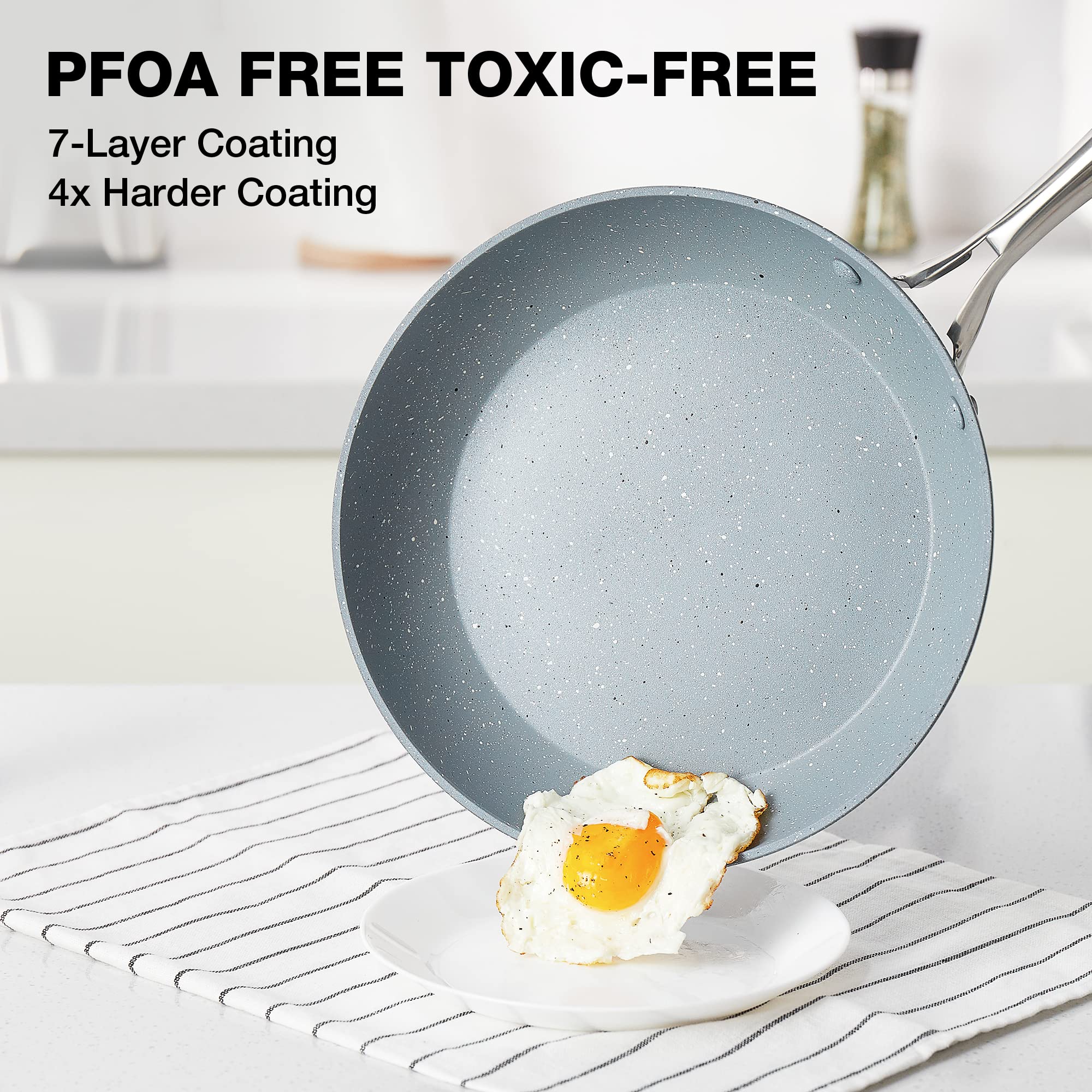 HLAFRG 12 Inch Nonstick Frying Pan with Lid  Blue Marble Skillet with Stone-Derived Coating  APEO & PFOA Free  With Soft-touch Ergonomic Handle  Oven Safe and Induction Compatible