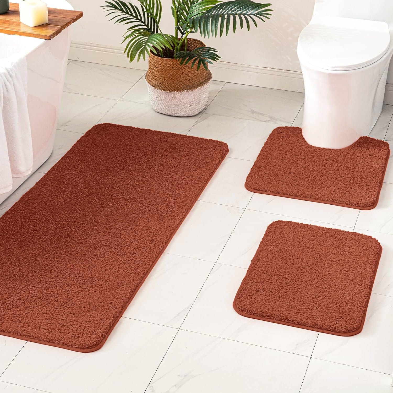 Miulee Fall Rust Bathroom Rugs Sets 3 Piece With Toilet Mat And Runner Rugs, Non Slip Absorbent Microfiber Bath Mats Sets For Re