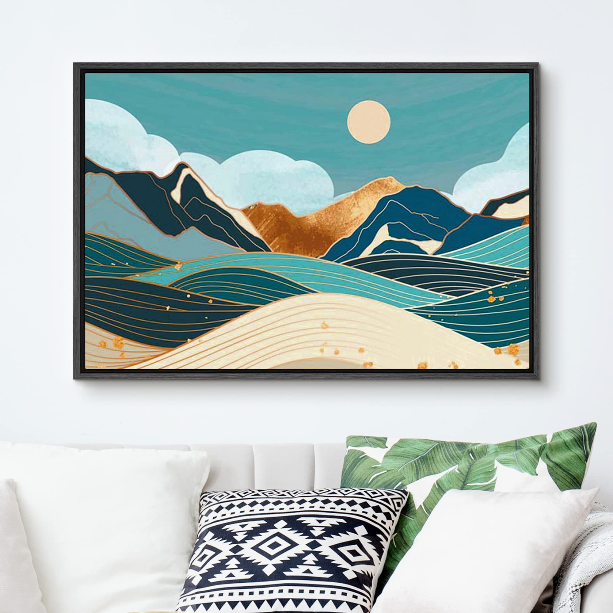 Signford Framed Canvas Print Wall Art Geometric Marble Pastel Mountain Range Sky Nature Wilderness Illustrations Modern Art Zen
