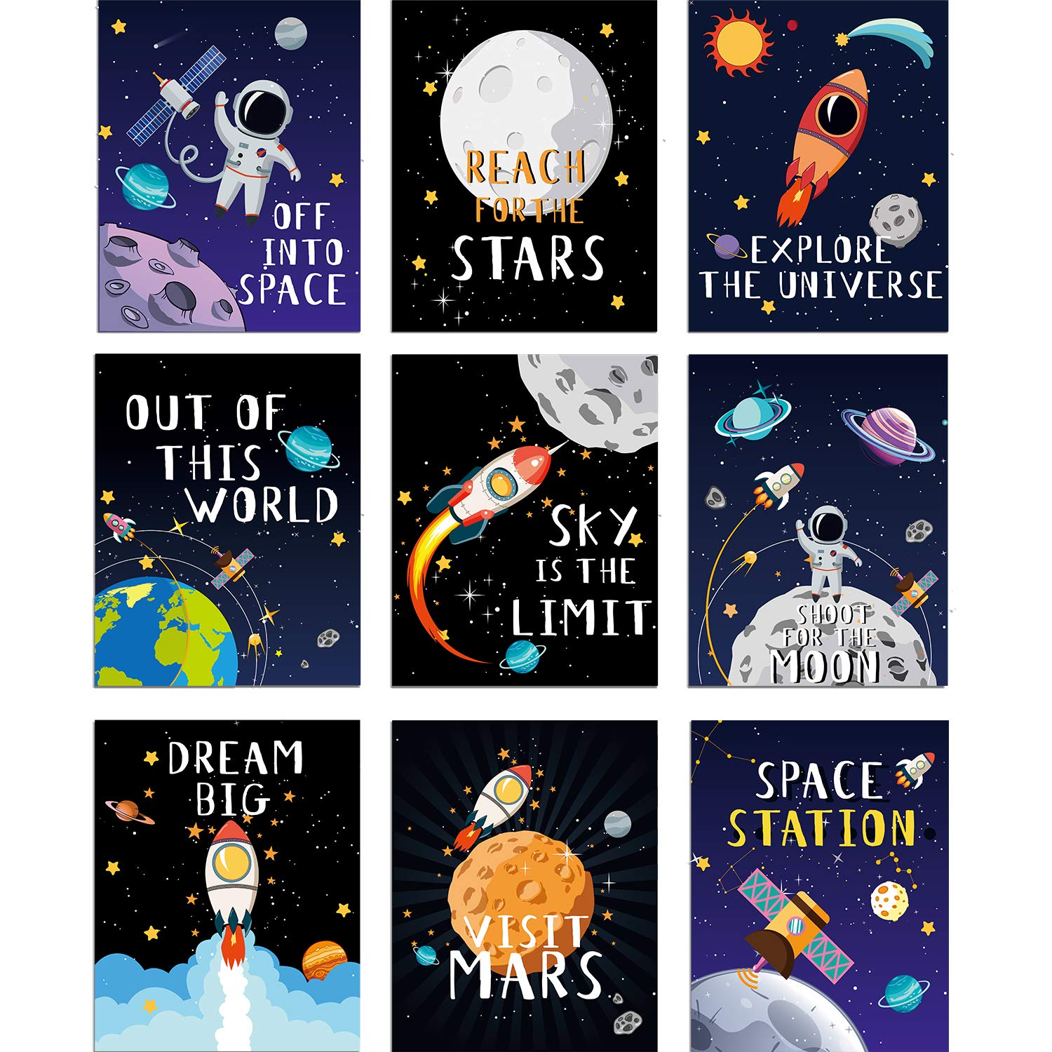 Blulu 9 Pieces Outer Space Decor For Kids Room Boy Bedroom Space Posters 8 X 10 Inch Cute Inspirational Art Decoration For Boys