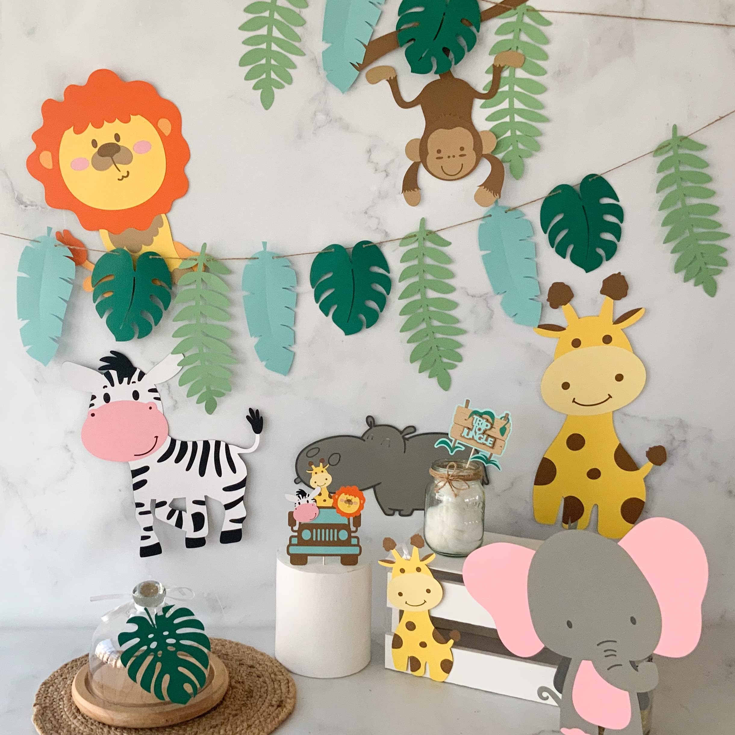Pinfliers Jungle Theme Birthday Decoration Kit, Paper Leaf Bunting Flags For DCor/Banner, Cake Topper, Hanging Swirls, Animal Bi