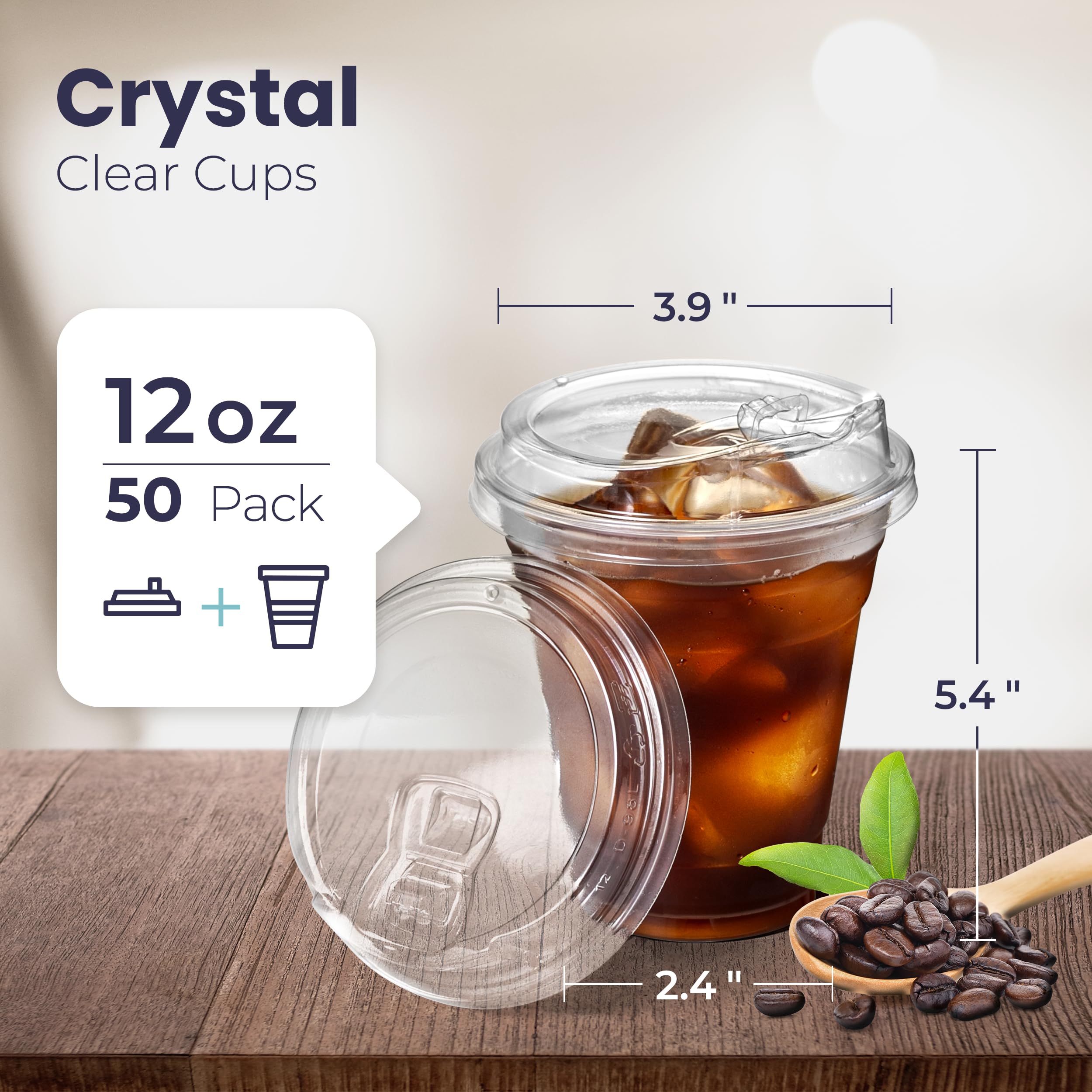 Fit Meal Prep 50 Pack 12 Oz Clear Plastic Cups With Strawless Sip Lids, Disposable Plastic Coffee Cups With Lids, To Go Cups For
