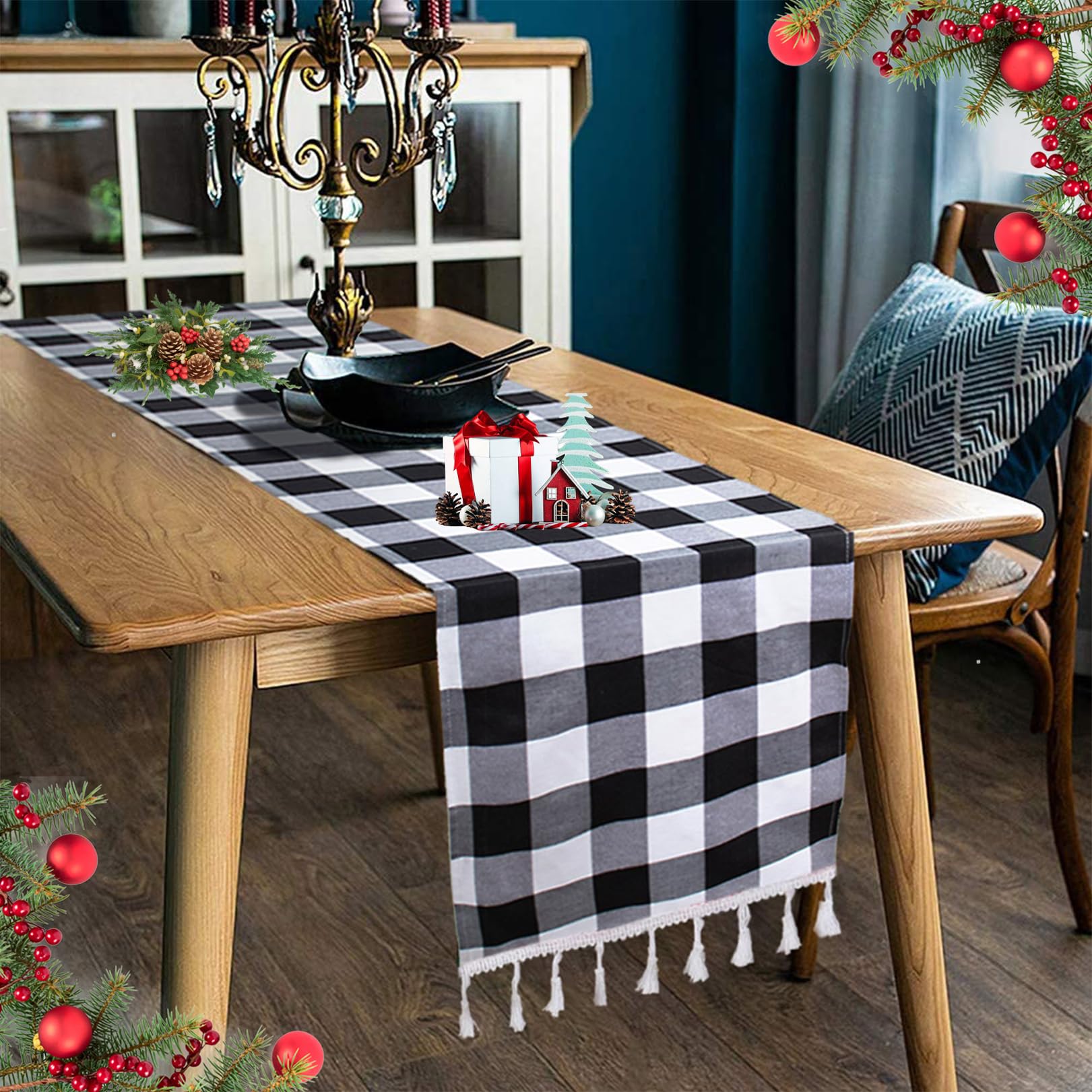 Duobao Black And White Checkered Table Runner 90 Inches Long Halloween Tablecloth Runners Buffalo Plaid Fabric With Tassels Ging