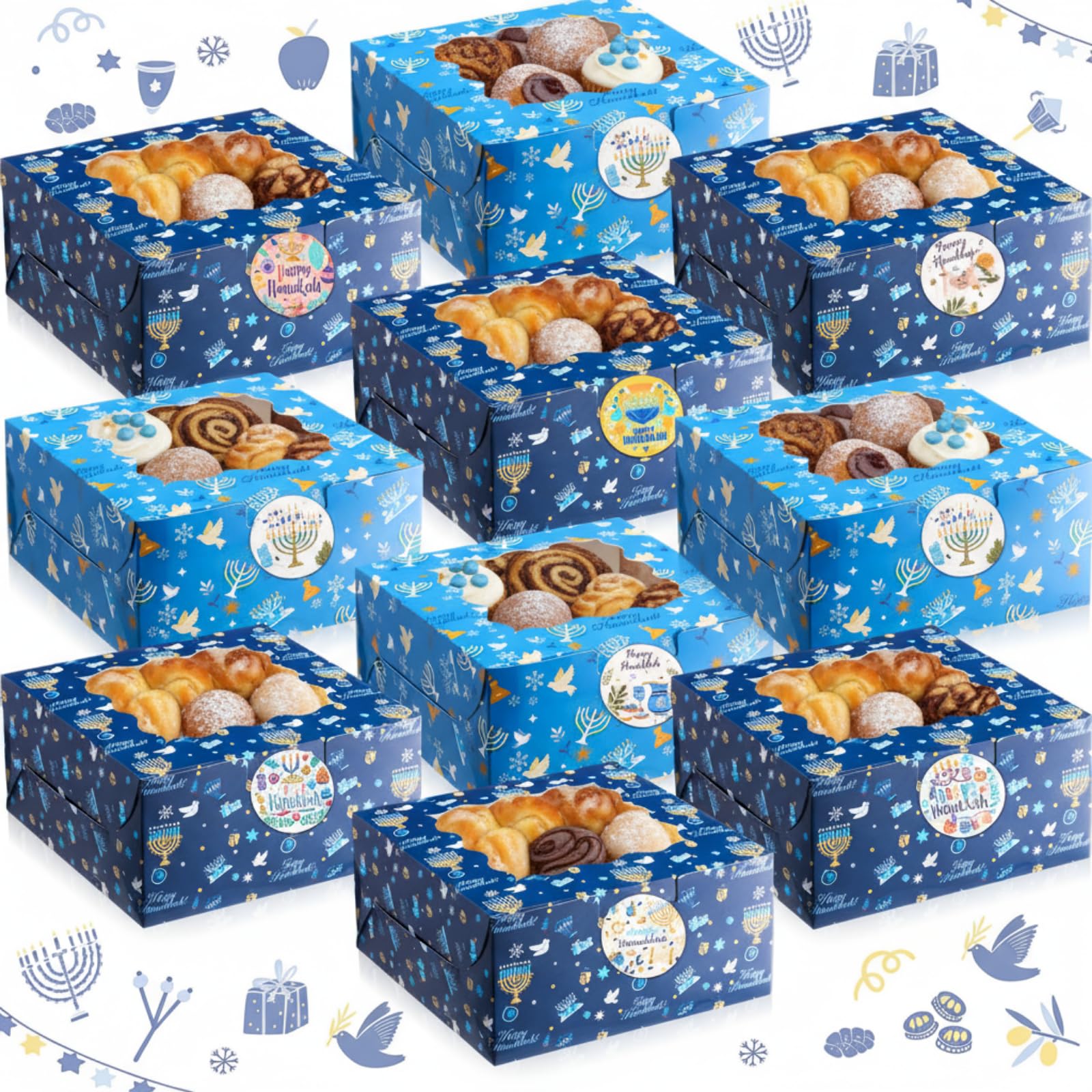 Tenare 60 Pcs Hanukkah Cookie Box with Windows and Stickers Hanukkah Gift Boxes Bulk Bakery Box for Gift Giving 6 x 6 x 3 Wrap H