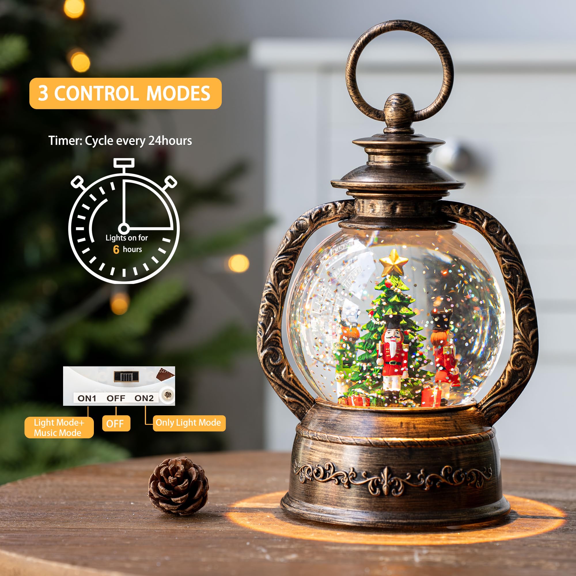 Christmas Snow Globe Lantern Water Glittering Nutcrackers with Music & Timer, USB Lined/Battery Operated Lighted Lantern for Chr