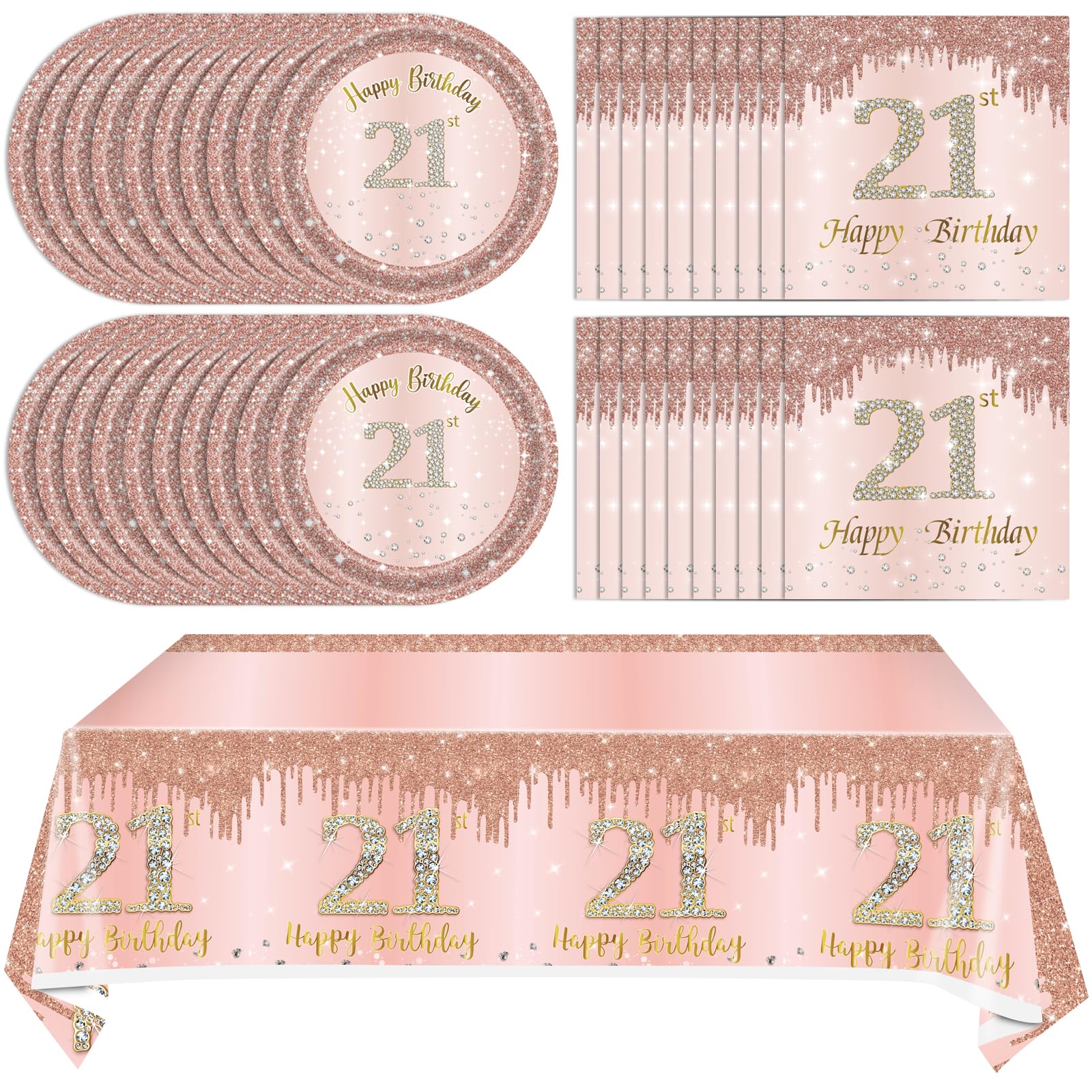 41Pcs 21St Birthday Decorations For Girls Her, Rose Gold Birthday Party Supplies Include 20Pcs Plates 20Pcs Napkins And 1Piece T