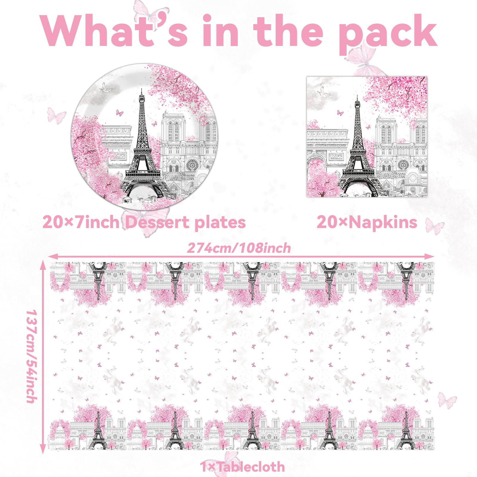 Zoiiwa Paris Eiffel Tower Place Setting, 41Pcs Pink, Disposable Tableware Set For Party Decorations